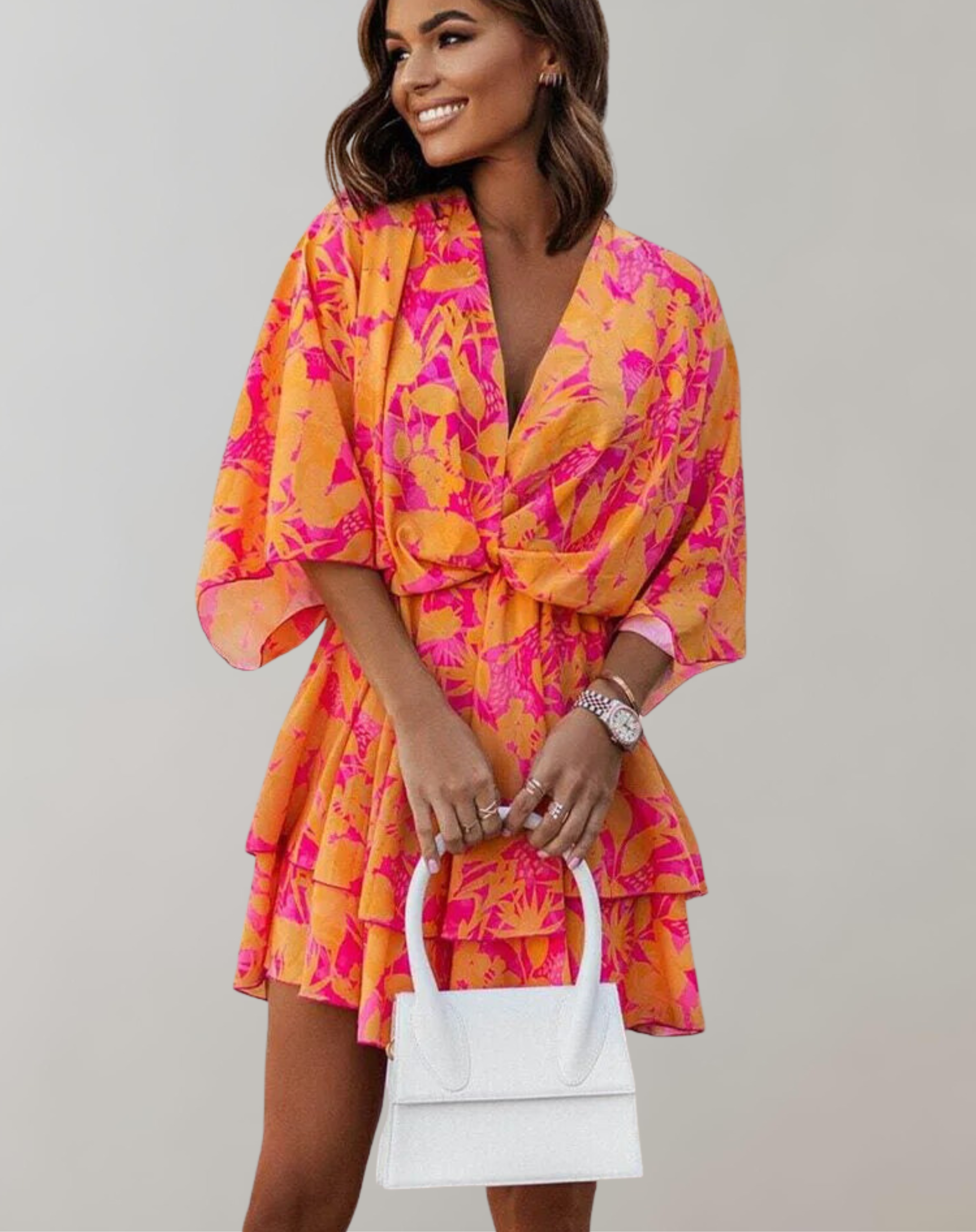 Philippa - Classic V-Neck and Batwing Design Woman's Midi Dress