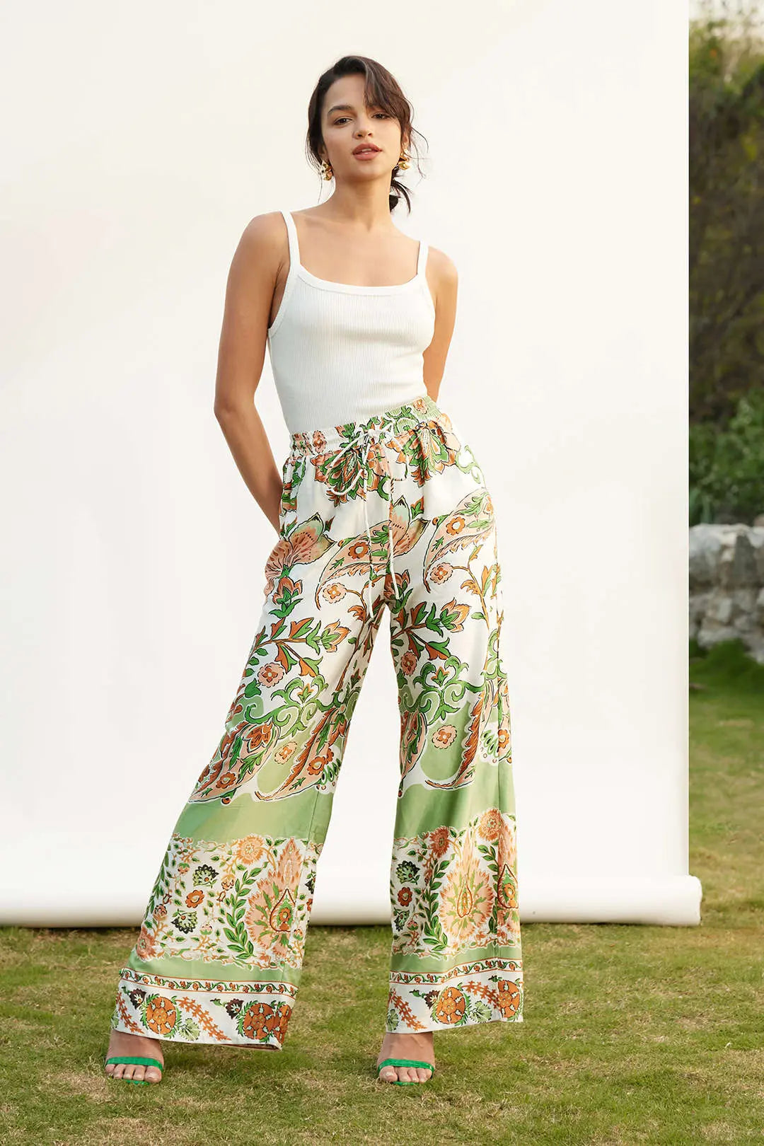 Floral Print Drawstring Slit Wide Leg Pants Dreamardi