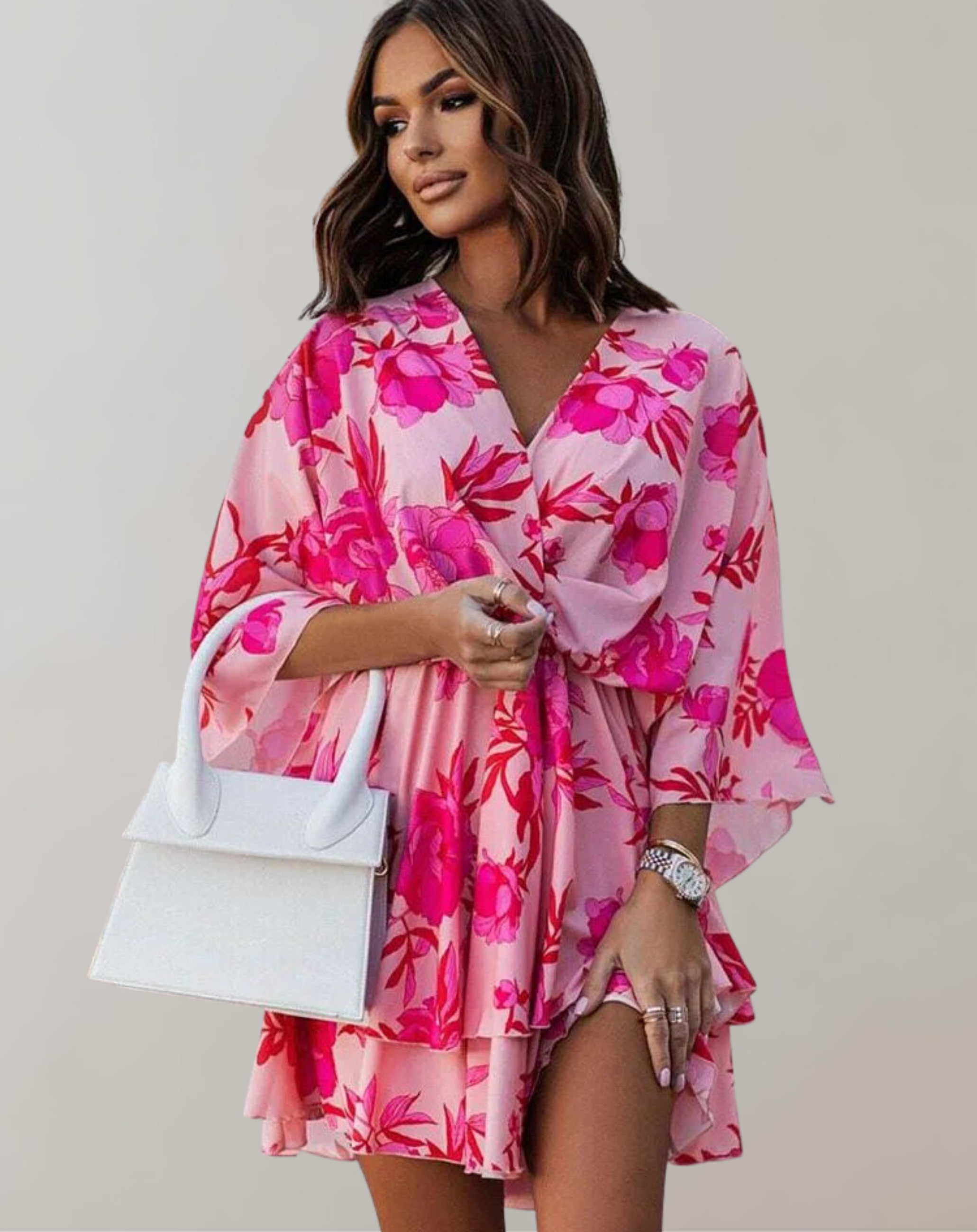 Philippa - Classic V-Neck and Batwing Design Woman's Midi Dress