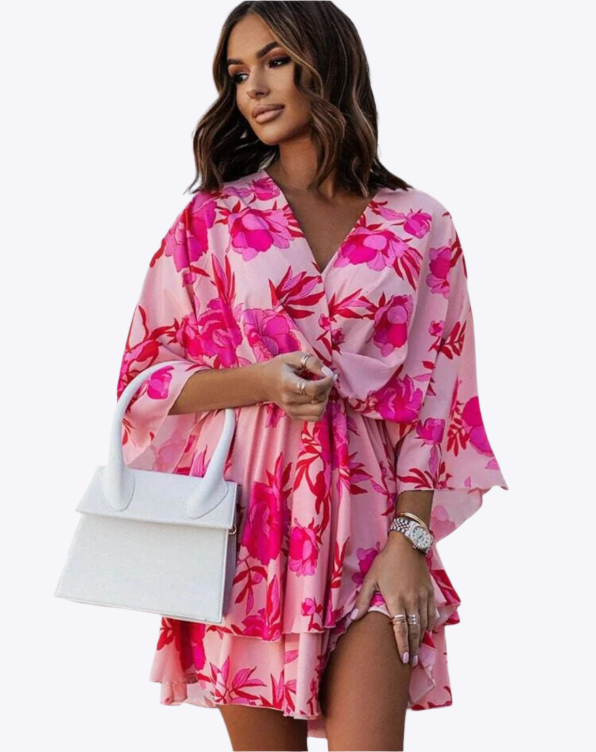 Philippa - Classic V-Neck and Batwing Design Woman's Midi Dress