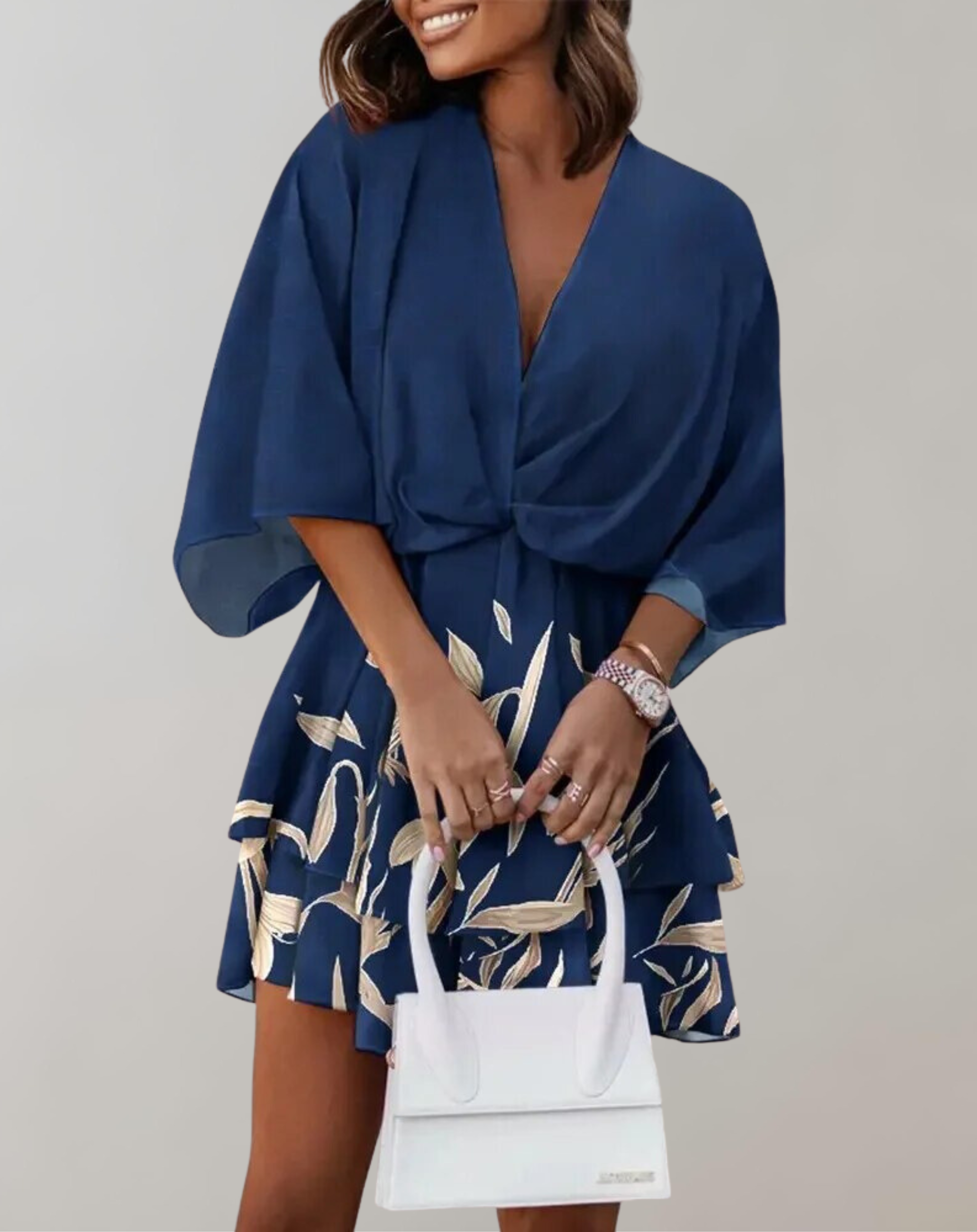 Philippa - Classic V-Neck and Batwing Design Woman's Midi Dress