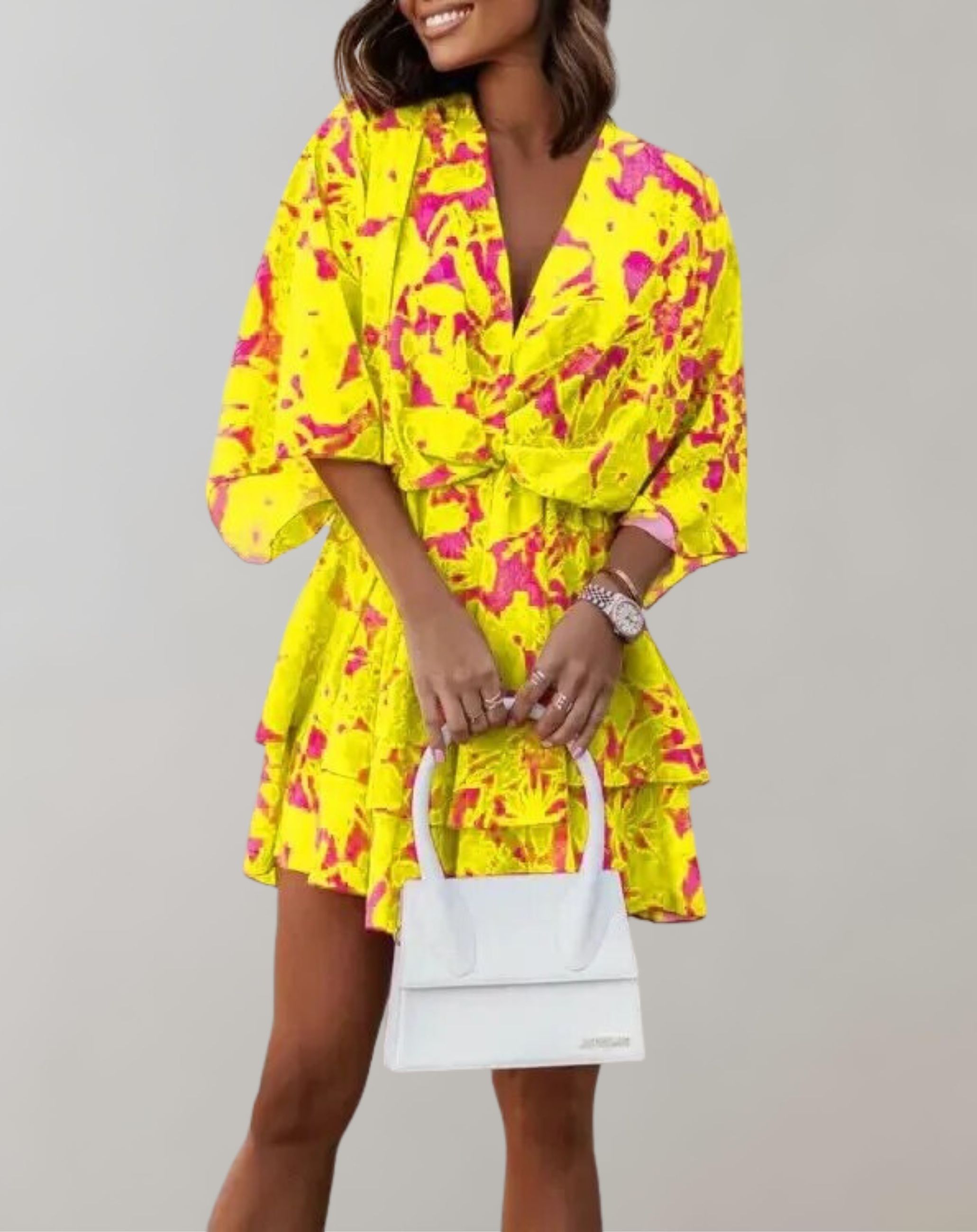 Philippa - Classic V-Neck and Batwing Design Woman's Midi Dress