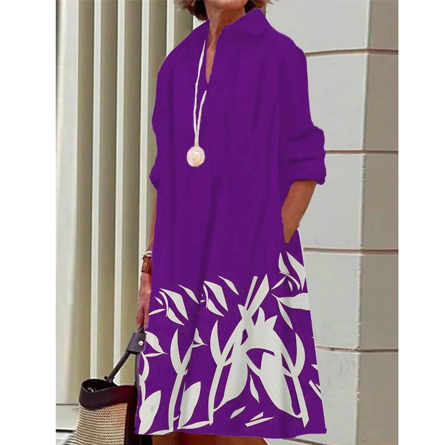 Women's Casual Turn Up Collar Midi Dress with Floral Print | Ideal for Spring/Summer