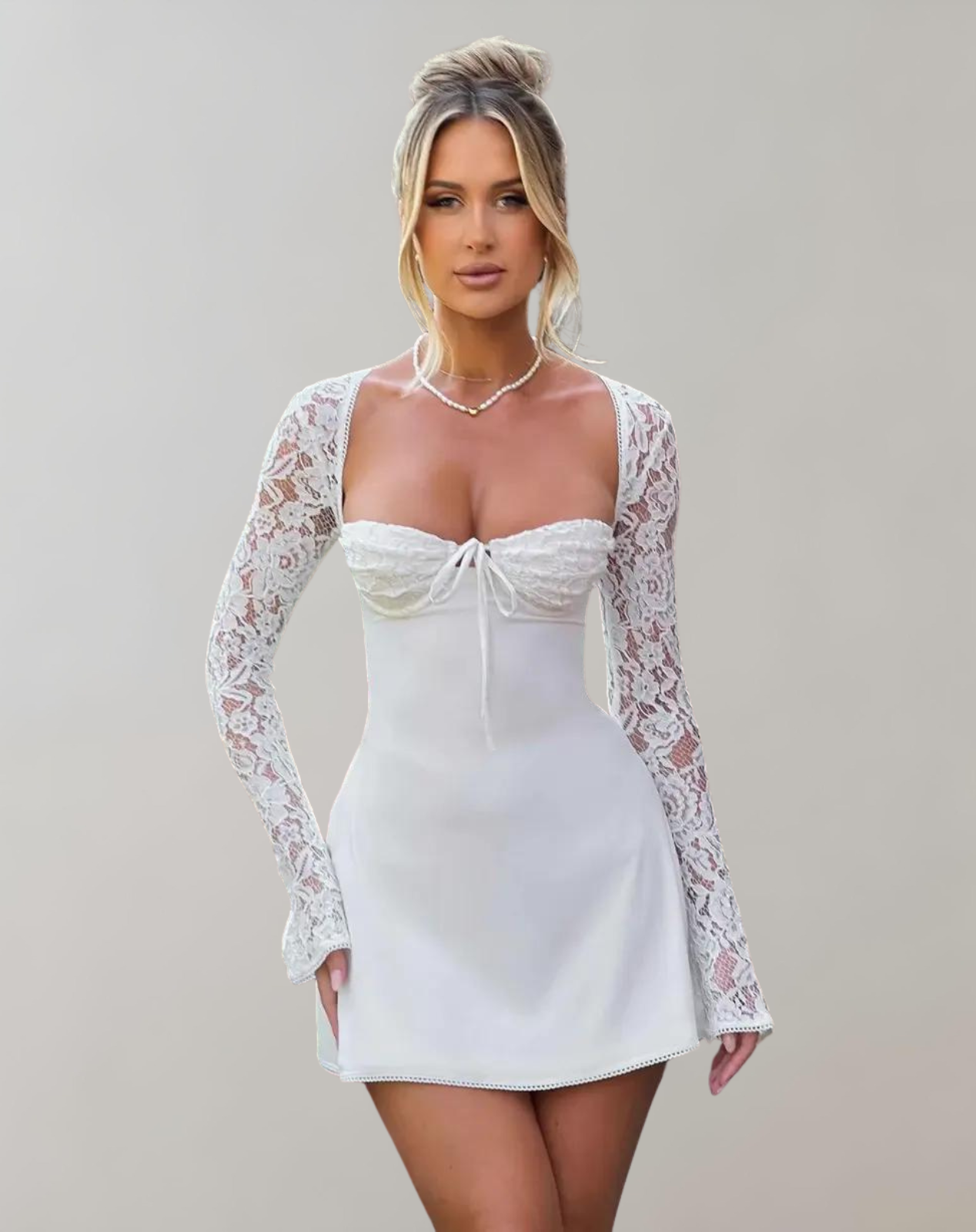 Emily - Elegant Lace with Tie Detail Woman's Mini Dress