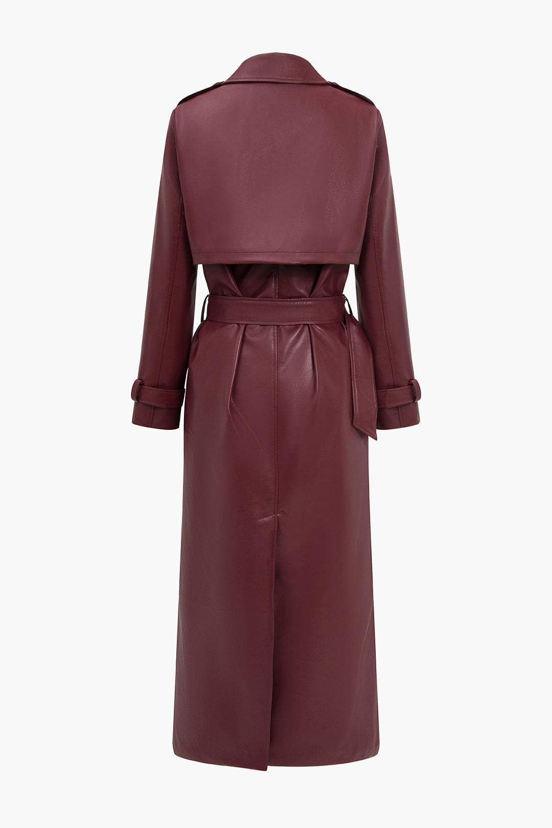 Solid Faux Leather Button Pocket Belted Coat Dreamardi