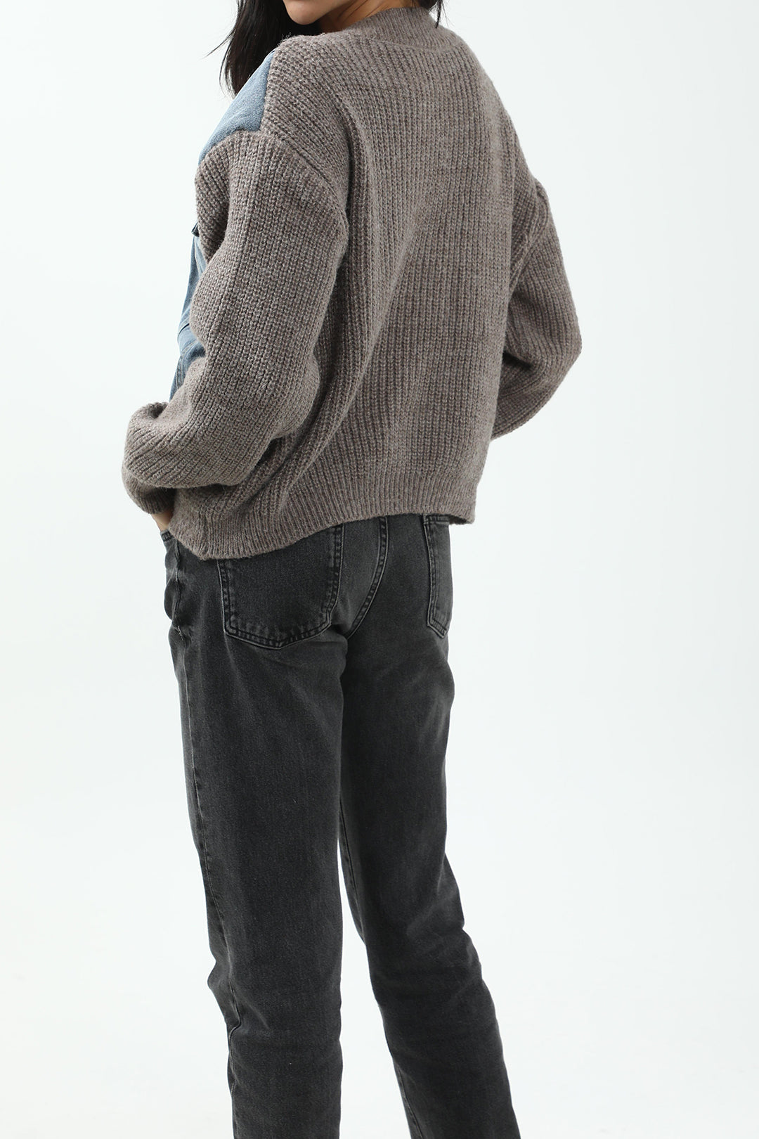 Patchwork Denim Knit Color Block Button Asymmetrical Pocket Cardigan Dreamardi