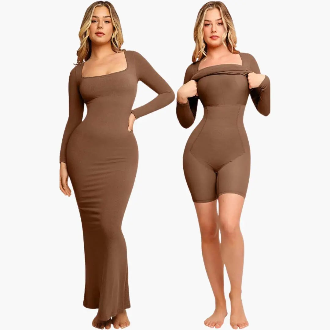 2-in-1 Long Sleeve Shapewear Jurk met Ingebouwd Korset Dreamardi