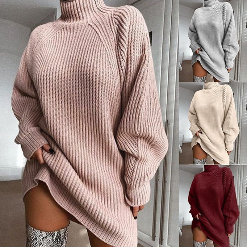 Solid Turtleneck Long Sweater Winter Warm Women Sweater Dress Dreamardi