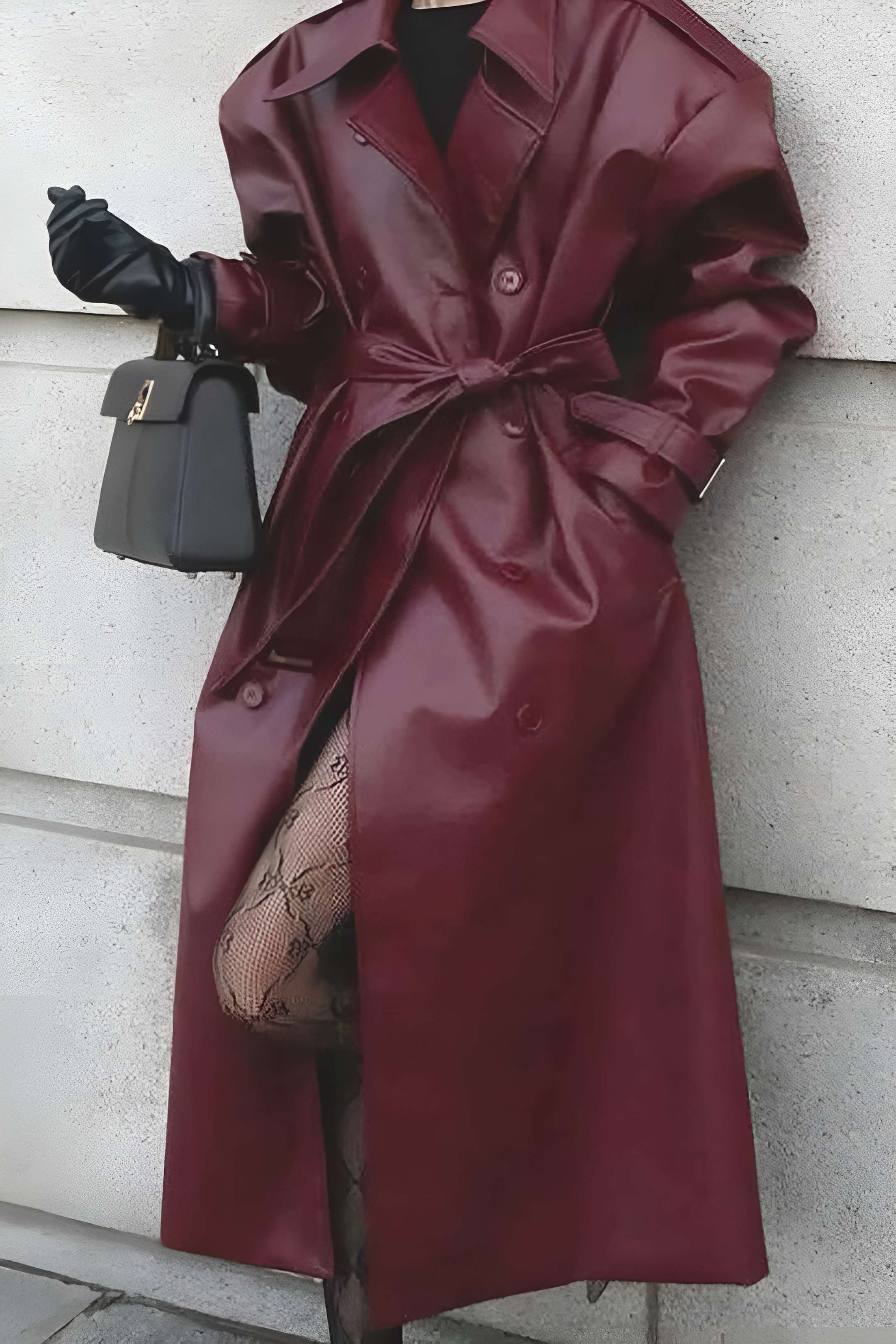 Solid Faux Leather Button Pocket Belted Coat Dreamardi