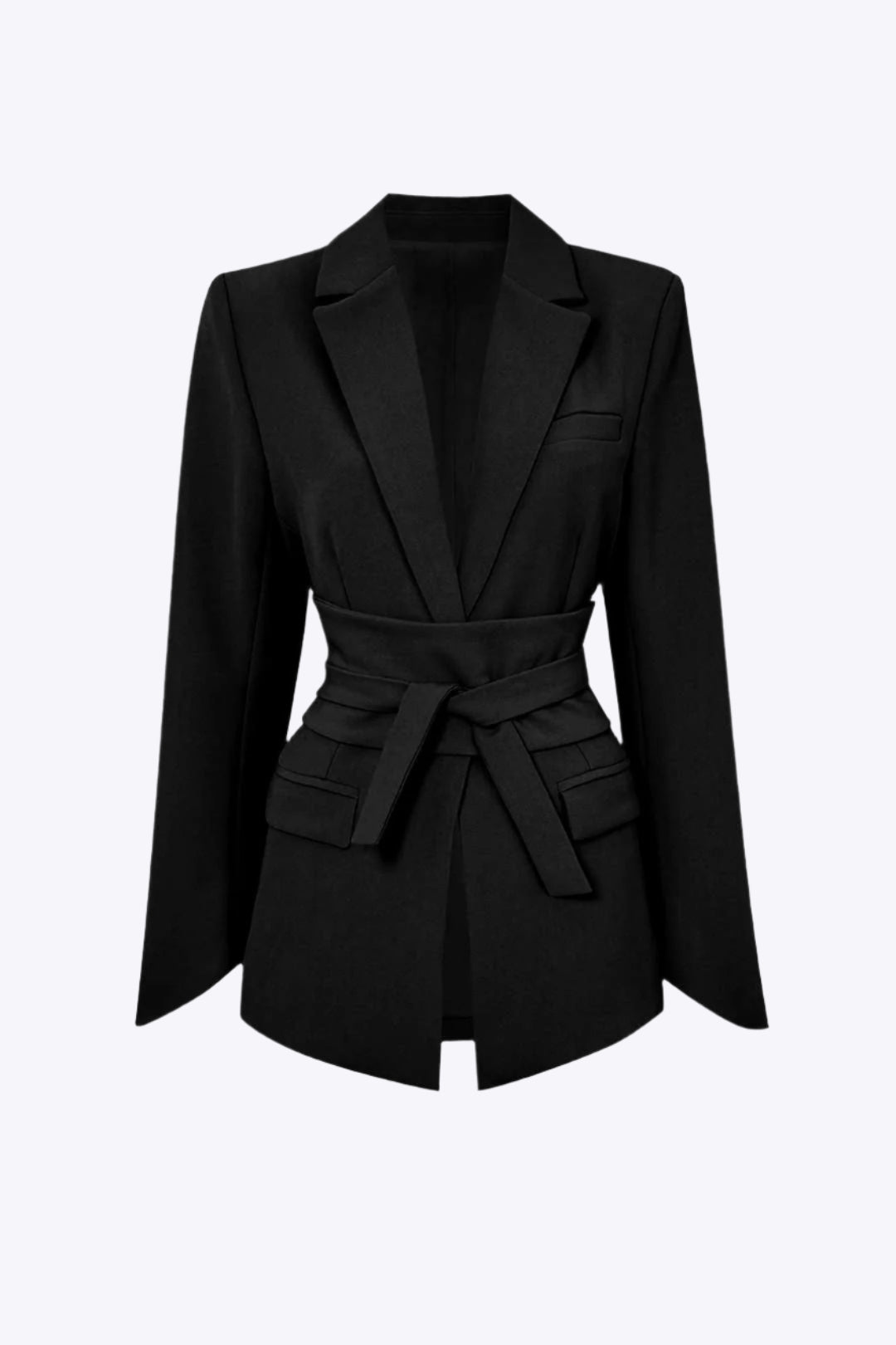 Basic Solid Notched Lapel Belted Blazer Dreamardi