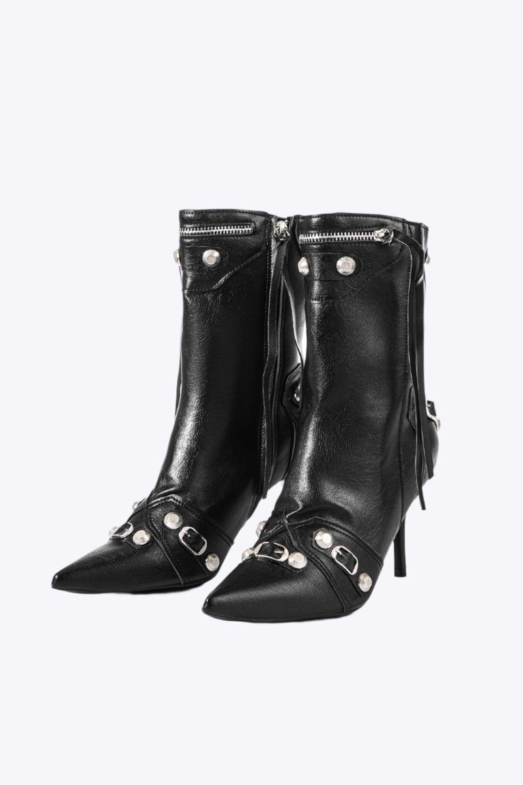 Faux Leather Studded Pointed Toe Ankle Boots Dreamardi