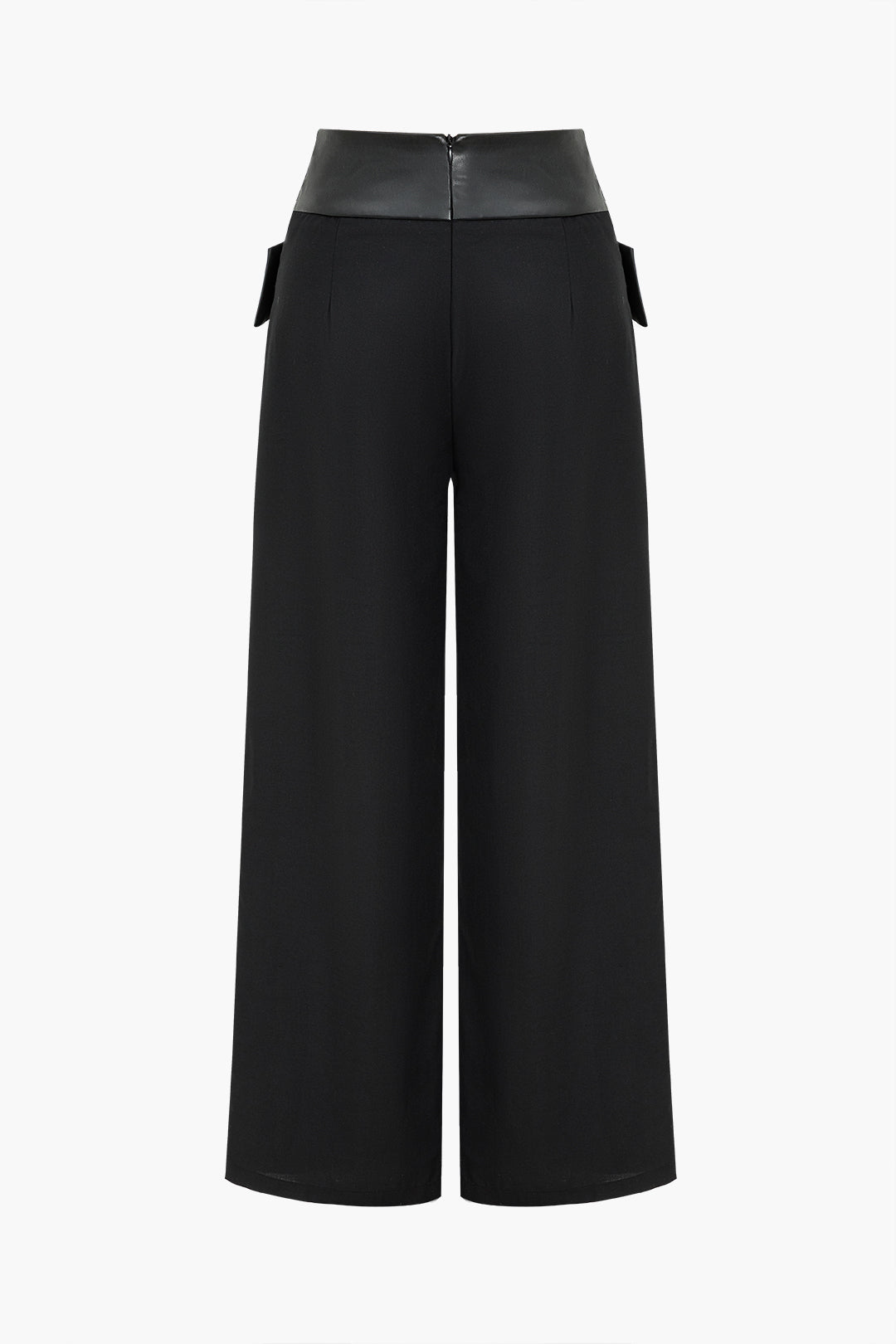 Solid Faux Leather Patchwork High Waist Crossed Pocket Trousers Dreamardi