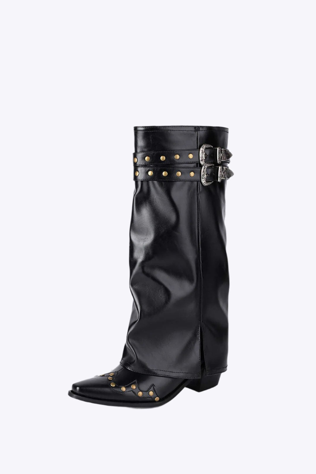 Faux Leather Studded Pointed Toe Mid Calf Boots Dreamardi