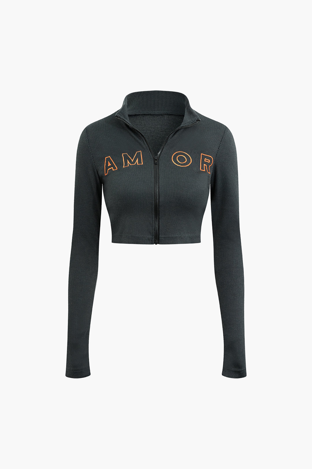 Letter Embroidered Rib Knit Stand Collar Zipper Crop Cardigan And Pleated Mini Skirt Set Dreamardi