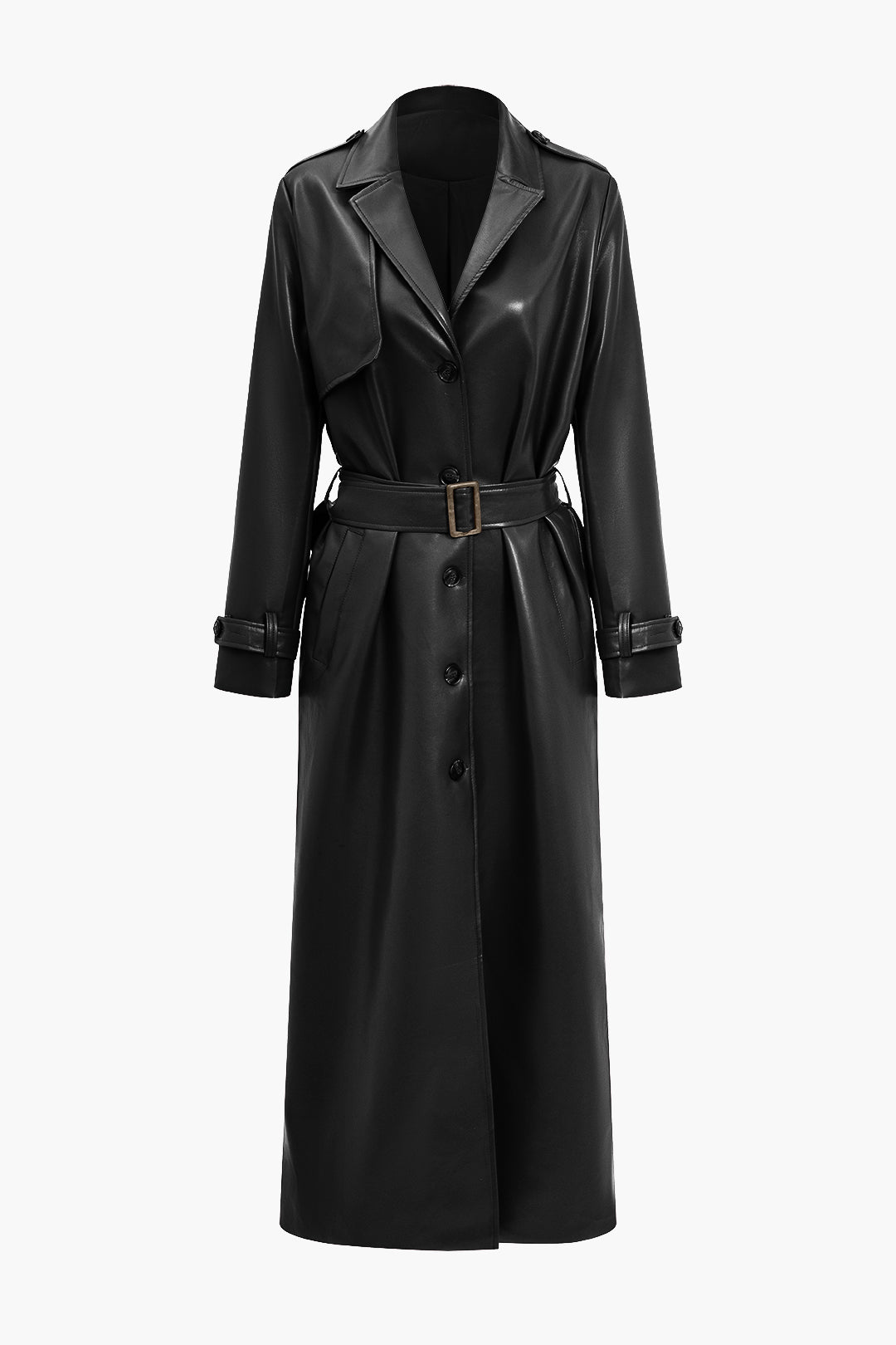Solid Faux Leather Button Pocket Belted Coat Dreamardi