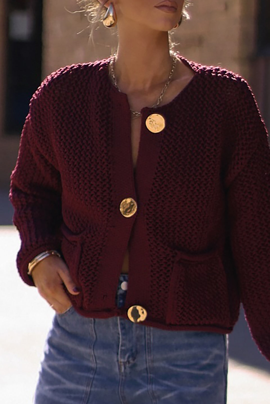 Button Round Neck Sweater Cardigan Dreamardi