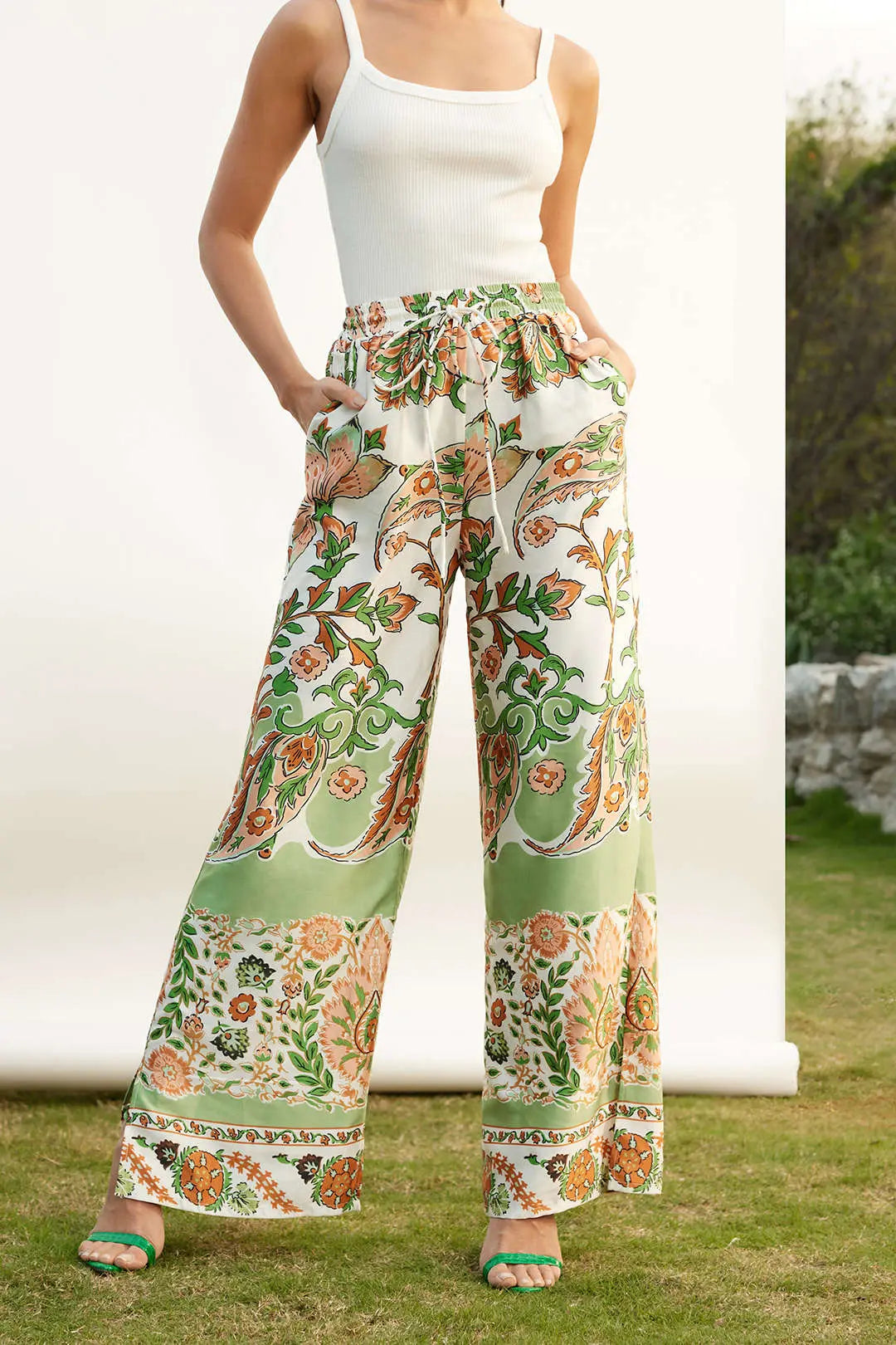 Floral Print Drawstring Slit Wide Leg Pants Dreamardi