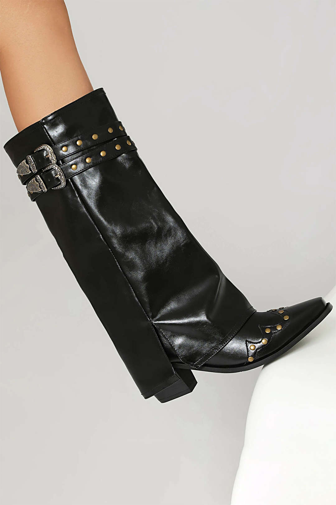 Faux Leather Studded Pointed Toe Mid Calf Boots Dreamardi