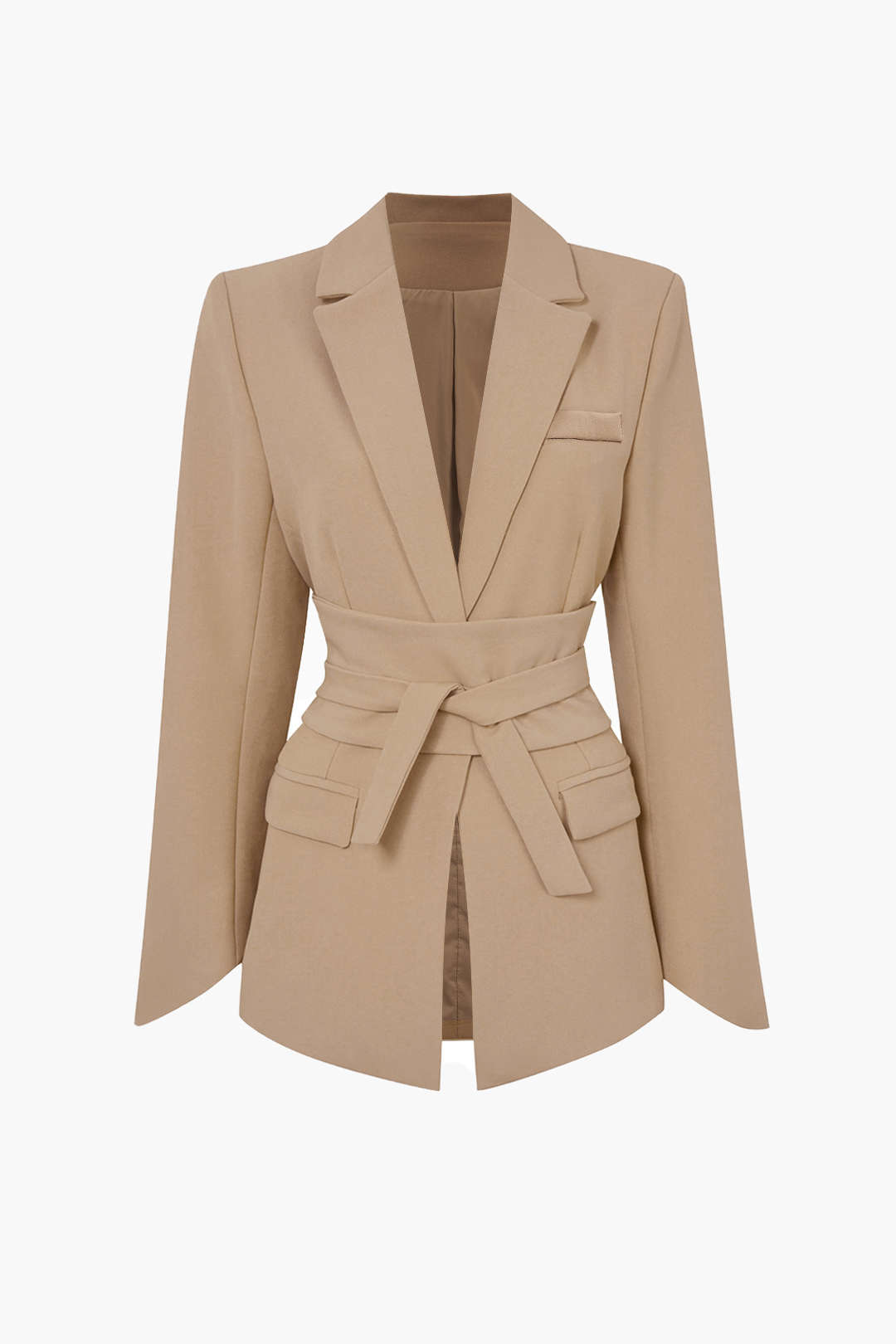 Basic Solid Notched Lapel Belted Blazer Dreamardi
