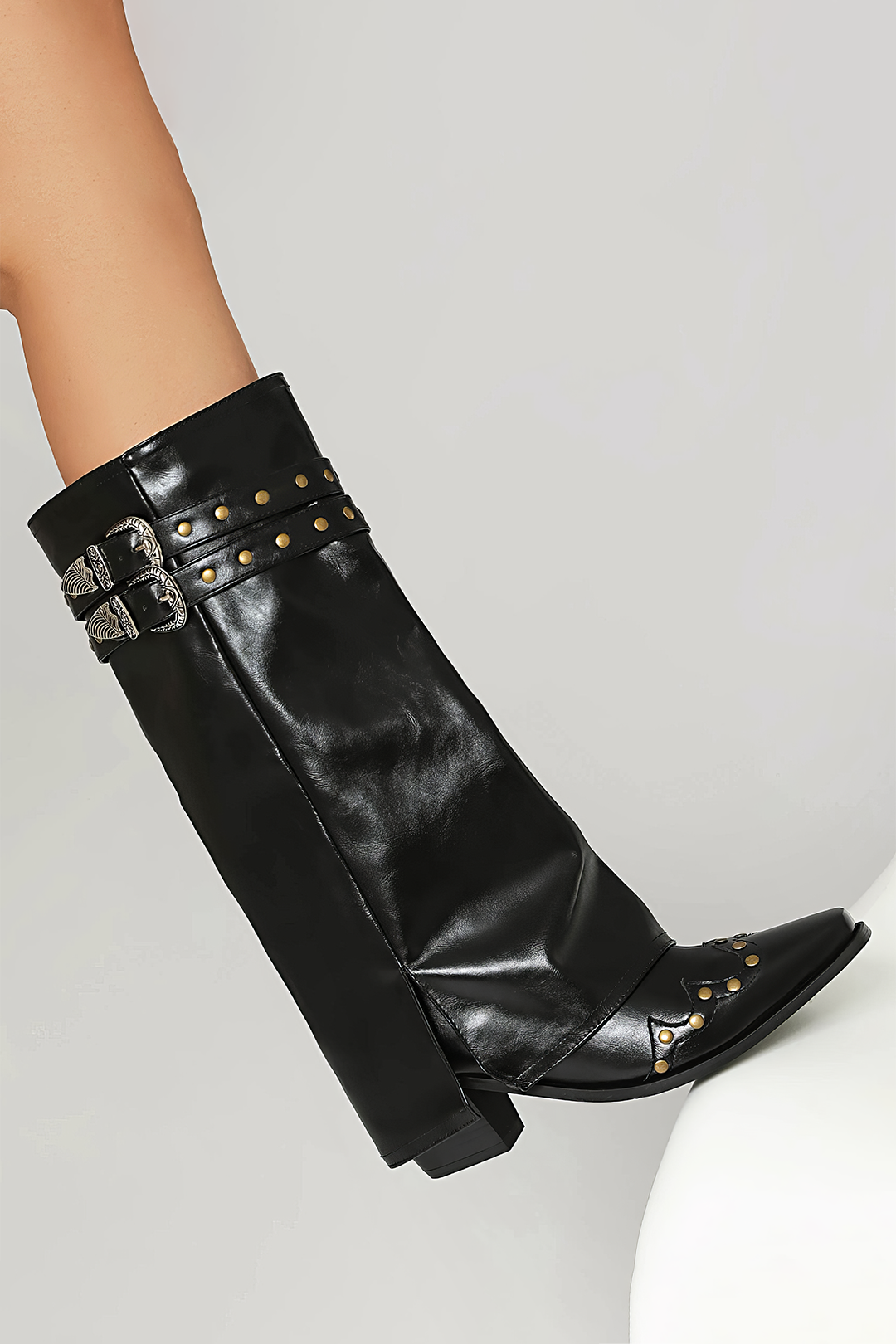 Faux Leather Studded Pointed Toe Mid Calf Boots Dreamardi