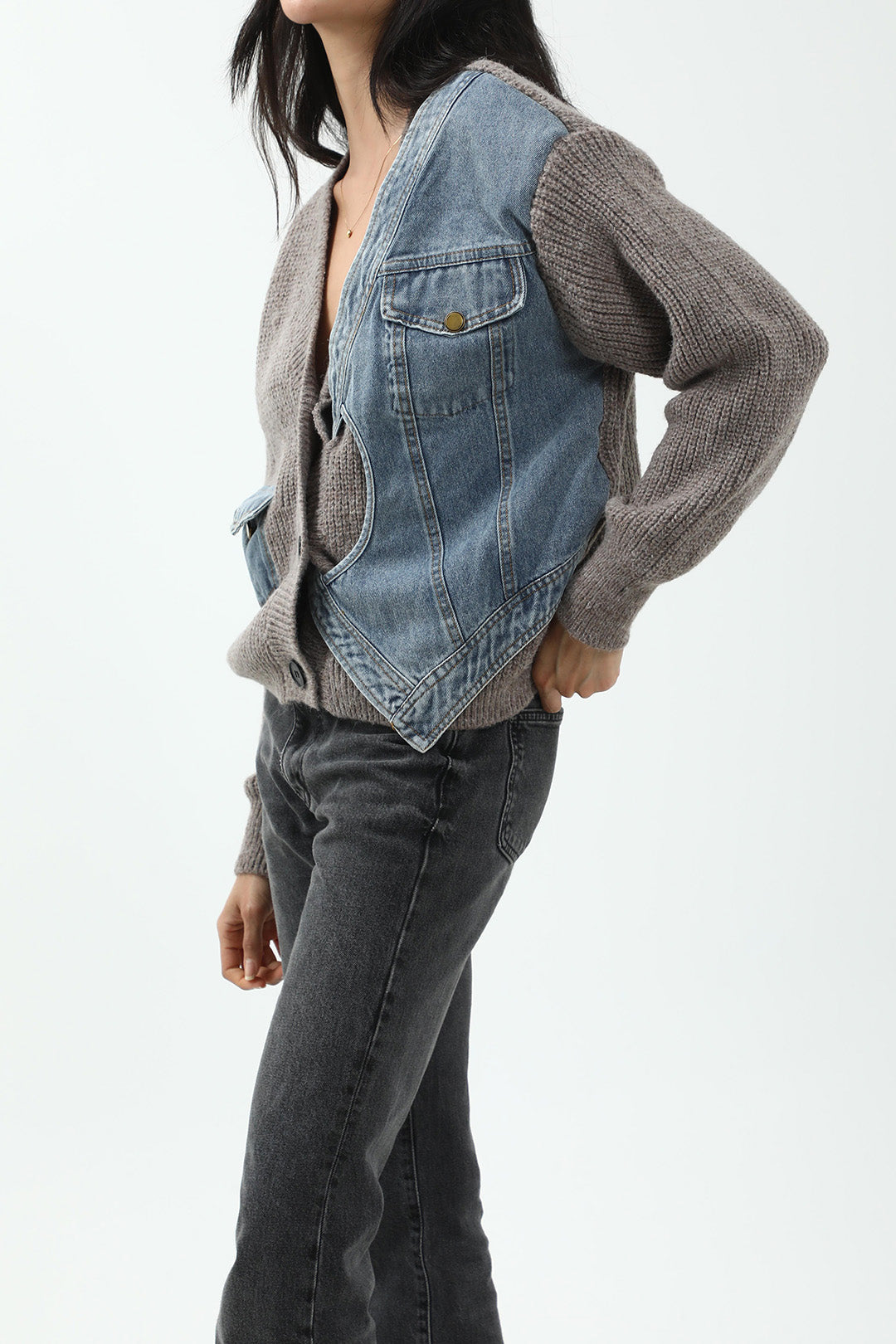 Patchwork Denim Knit Color Block Button Asymmetrical Pocket Cardigan Dreamardi