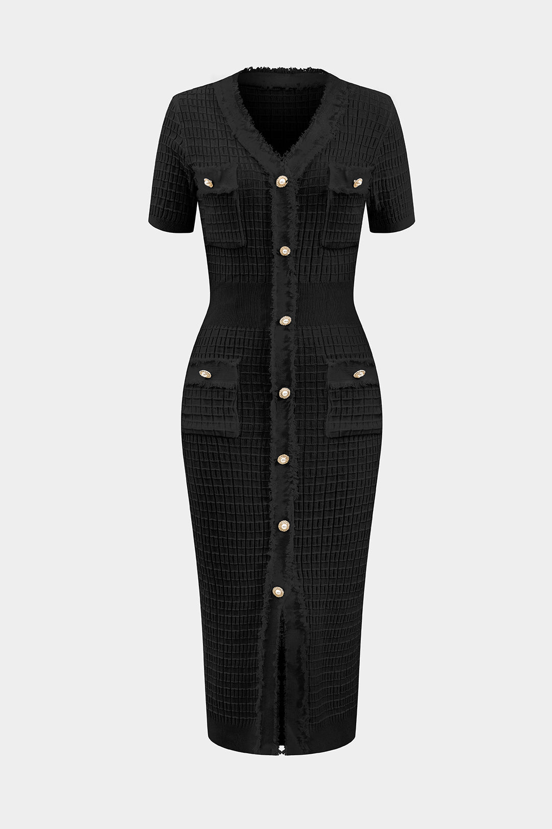 Knit V-Neck Button Short Sleeve Dress Dreamardi