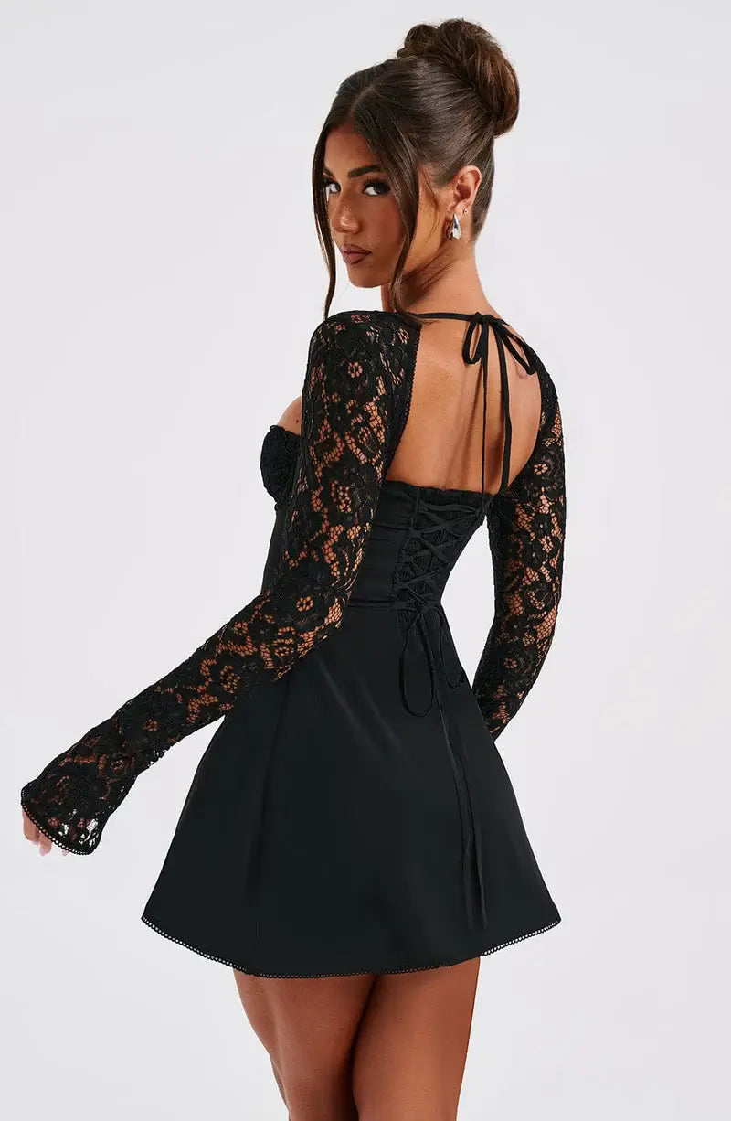 Emily - Elegant Lace with Tie Detail Woman's Mini Dress