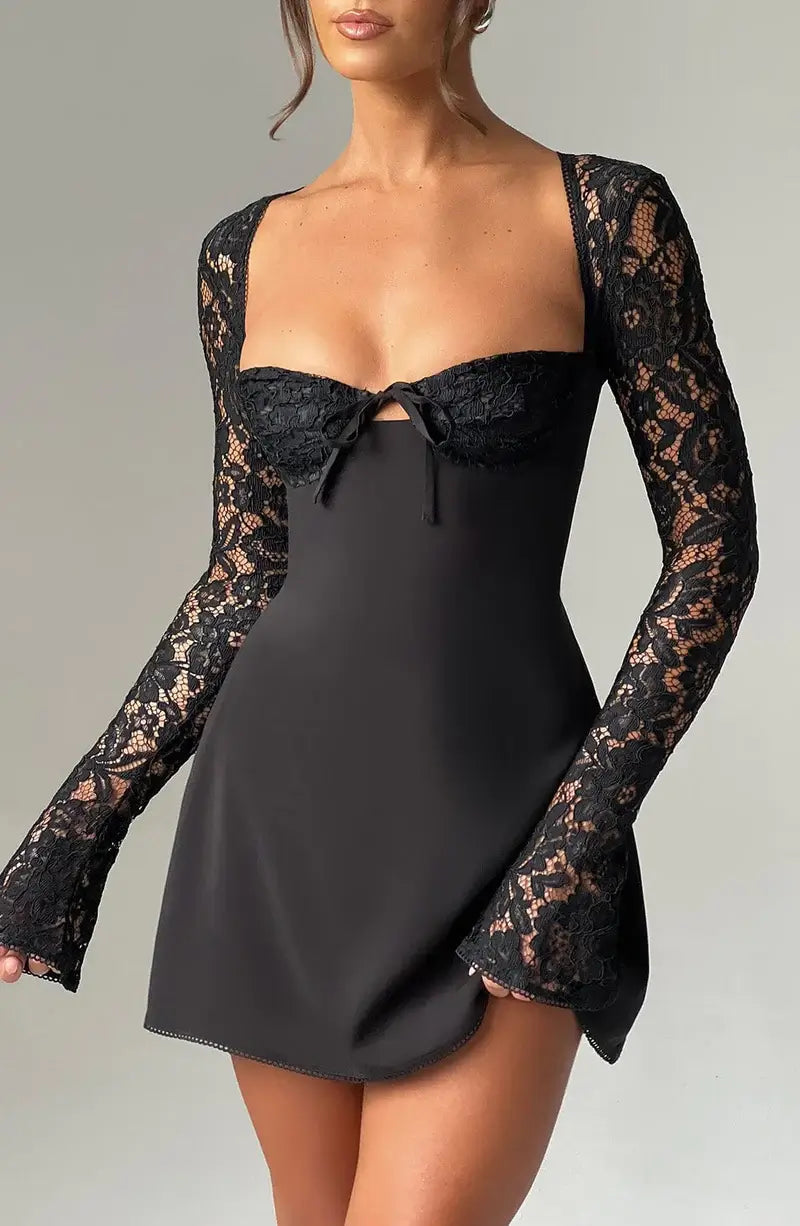 Emily - Elegant Lace with Tie Detail Woman's Mini Dress