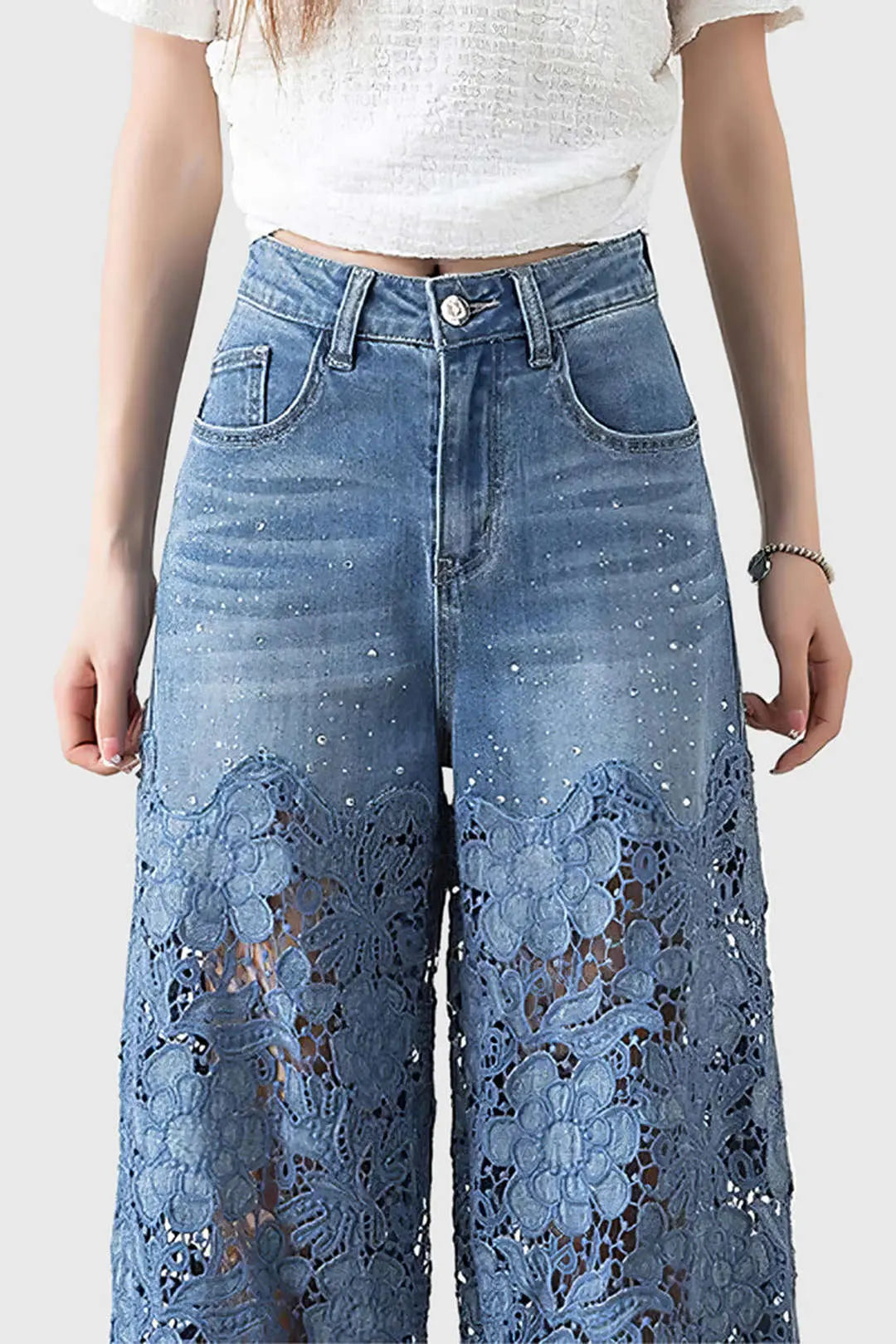 Lace Cut Out Patchwork Wide Leg Jeans Dreamardi