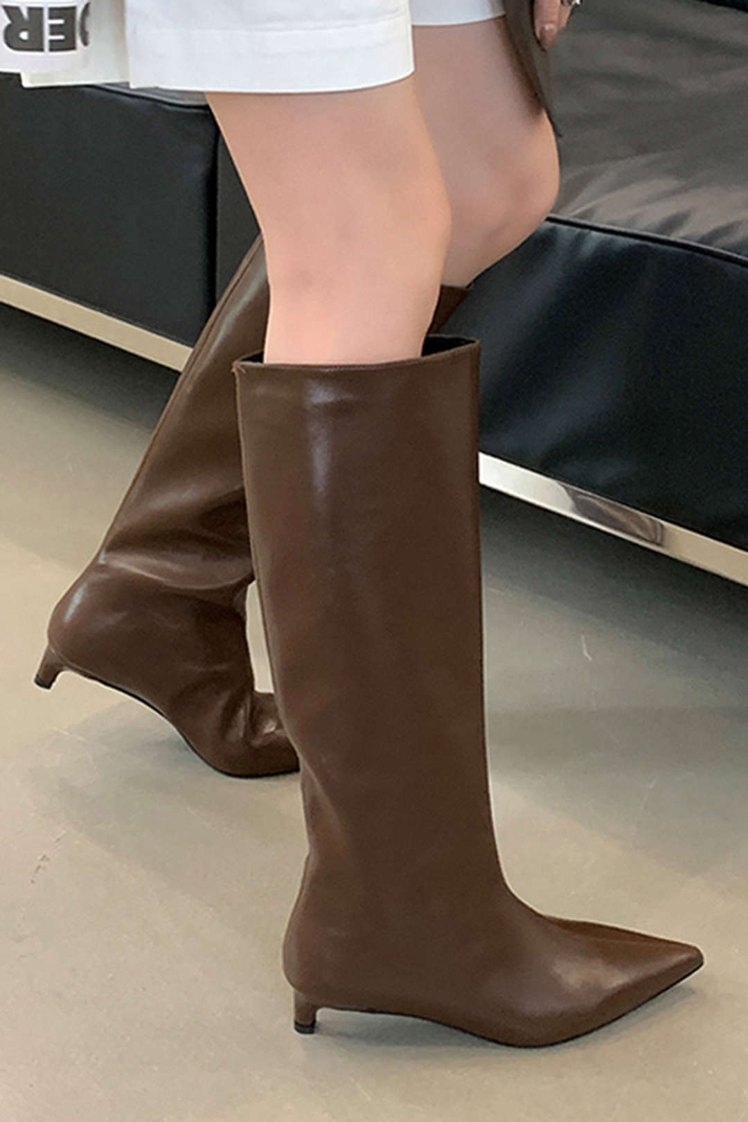 Faux Leather Pointed Toe Thin Heel Knee-High Mid Calf Boots Dreamardi