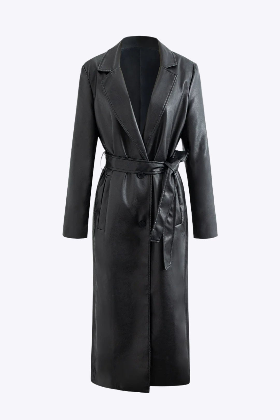 Faux Leather Notched Lapel Belted Trench Coat Dreamardi