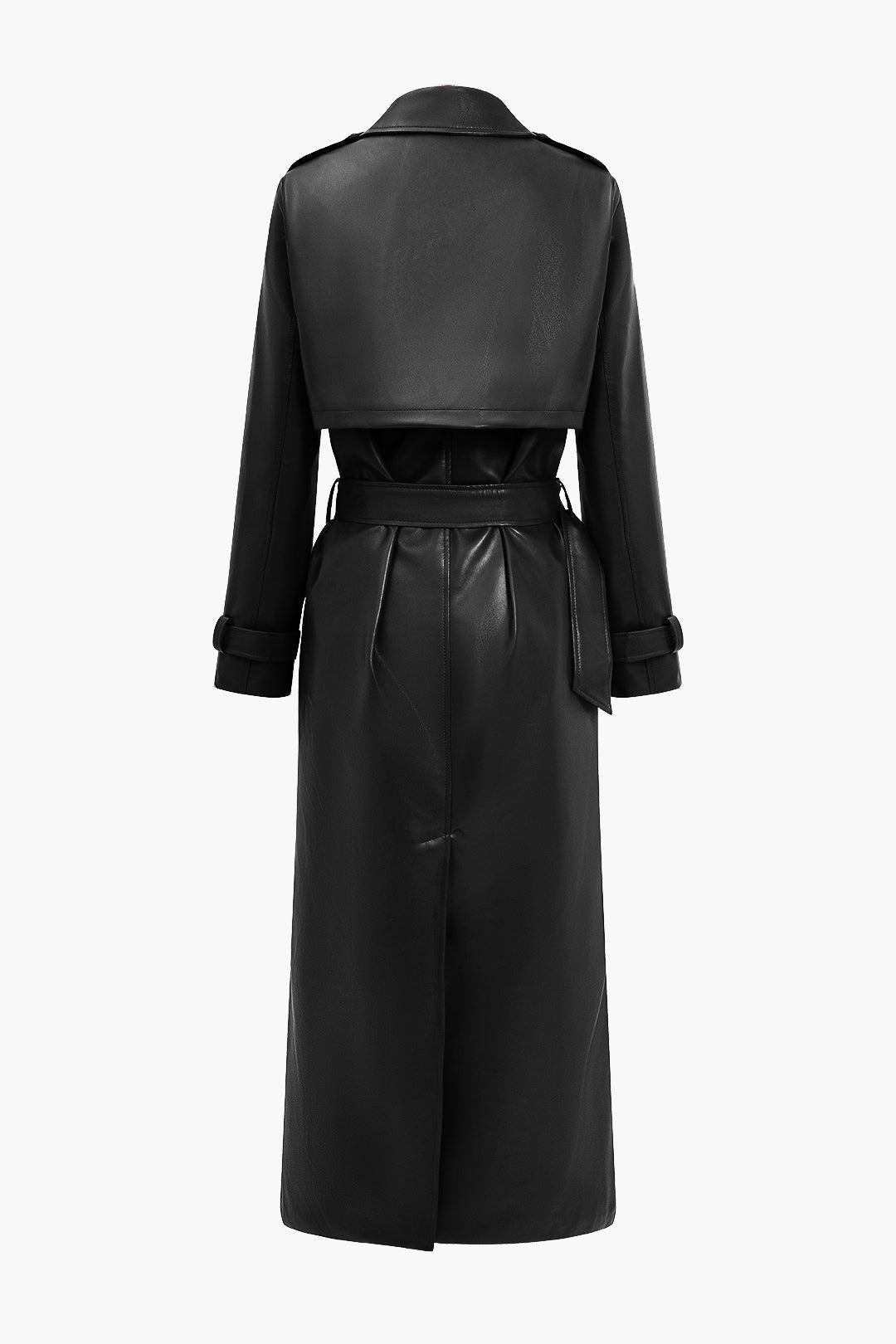Solid Faux Leather Button Pocket Belted Coat Dreamardi