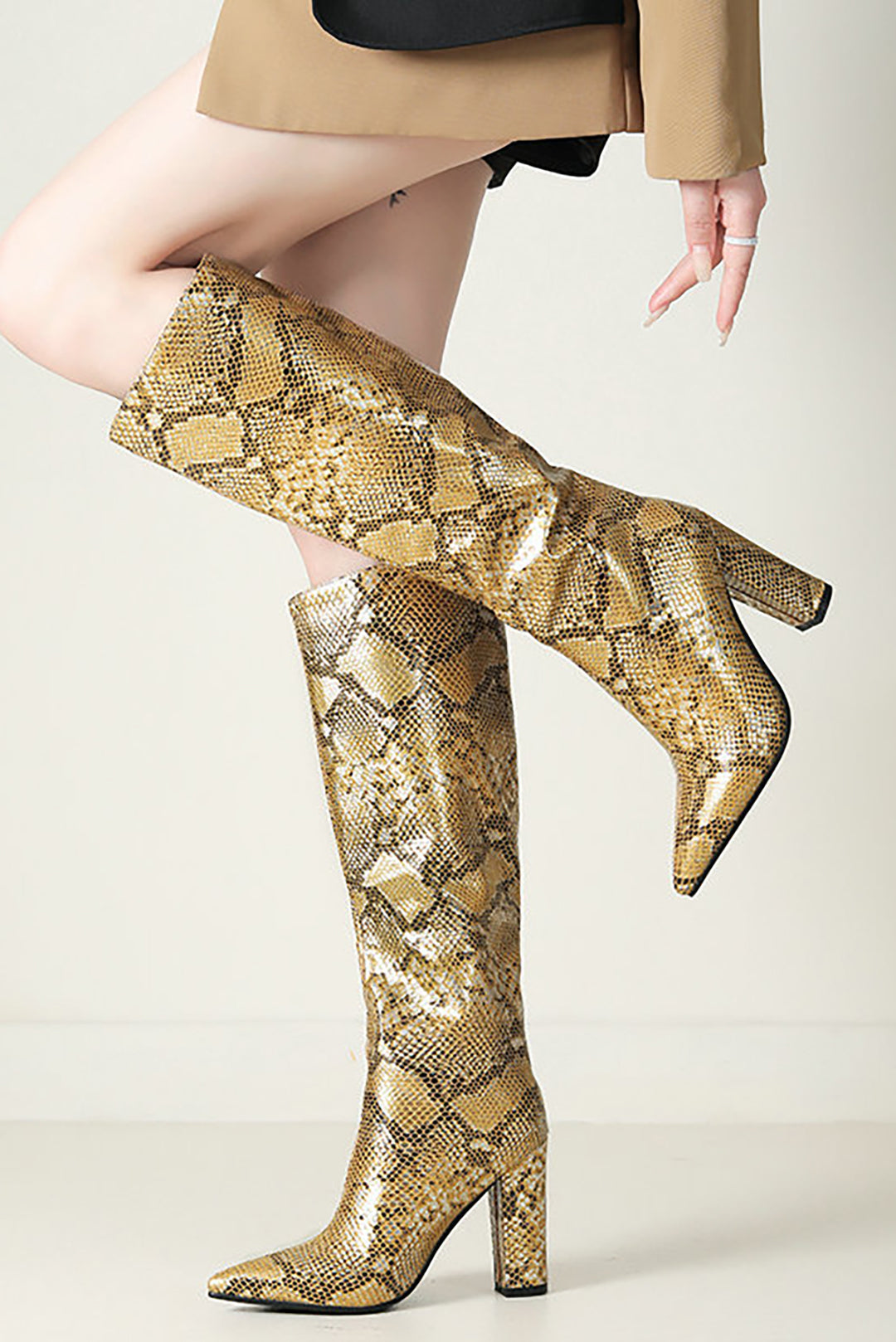 Snake Pattern Faux Leather Pointed Toe Knee High Boots Dreamardi