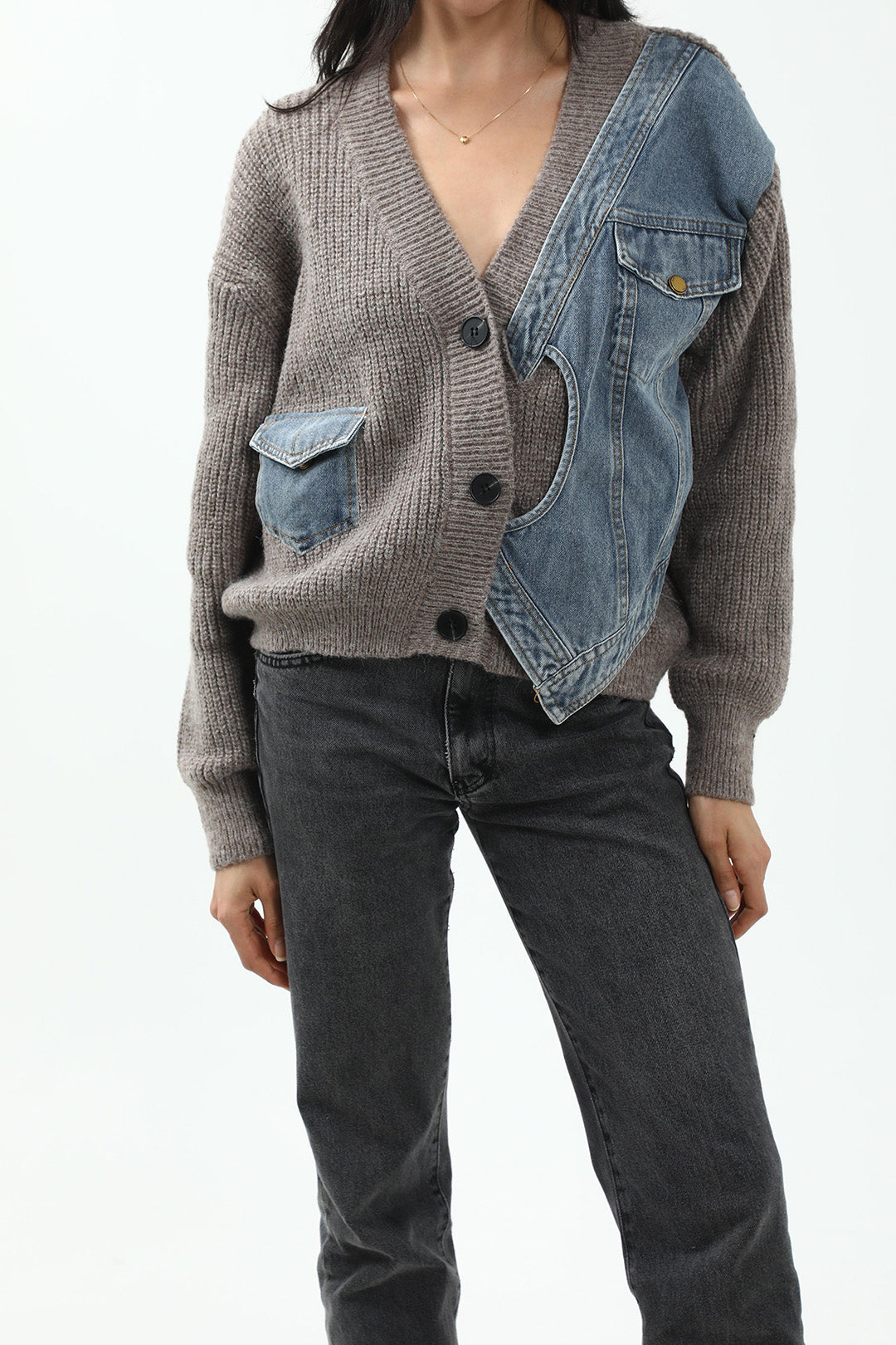 Patchwork Denim Knit Color Block Button Asymmetrical Pocket Cardigan Dreamardi