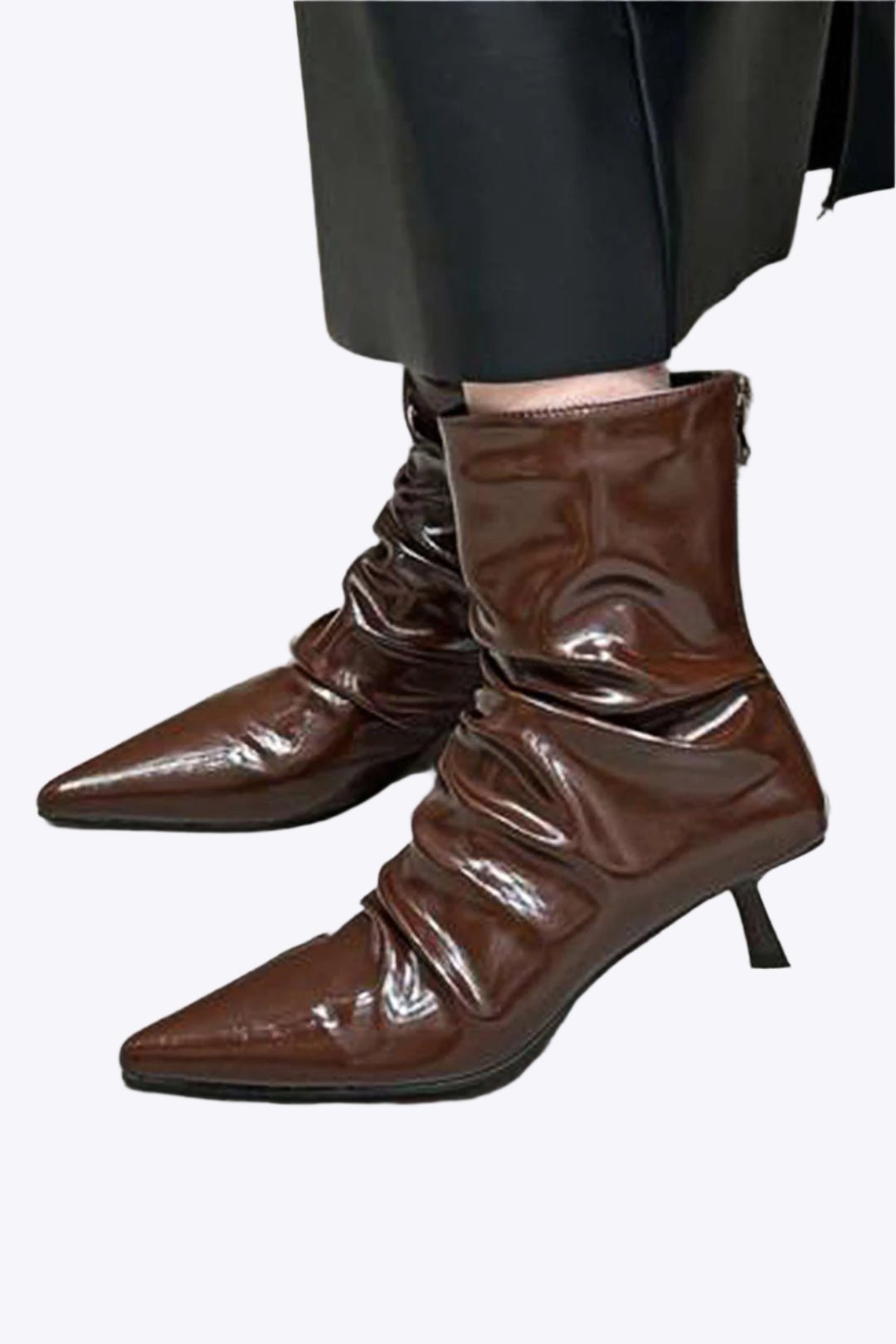 Wrinkled Faux Leather Pointed Ankle Boots Dreamardi