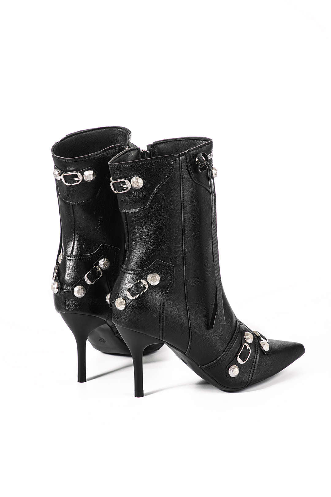 Faux Leather Studded Pointed Toe Ankle Boots Dreamardi