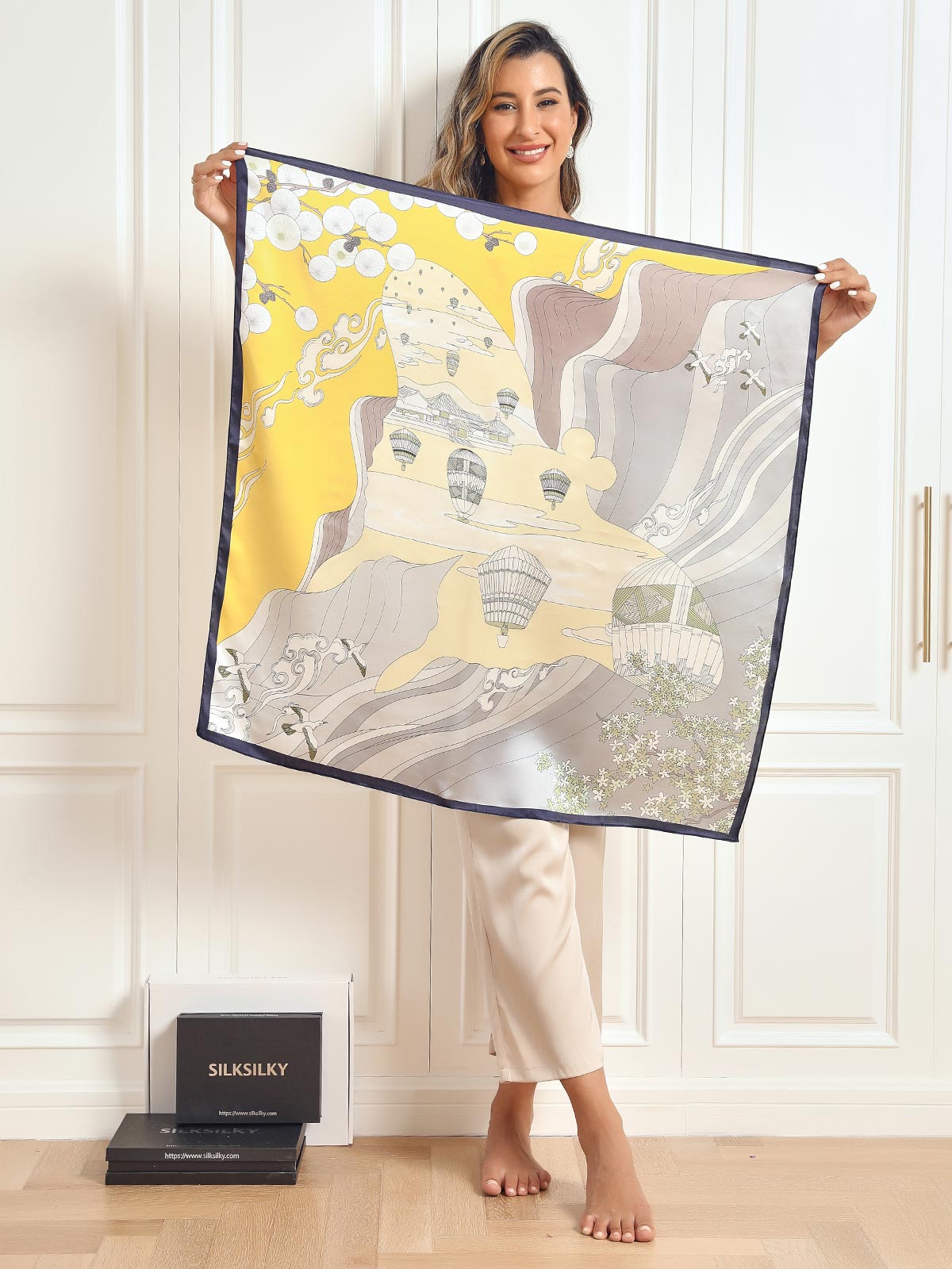 100% moerbeizijde Gedrukte vierkante sjaal 88 * 88cm Dreamardi