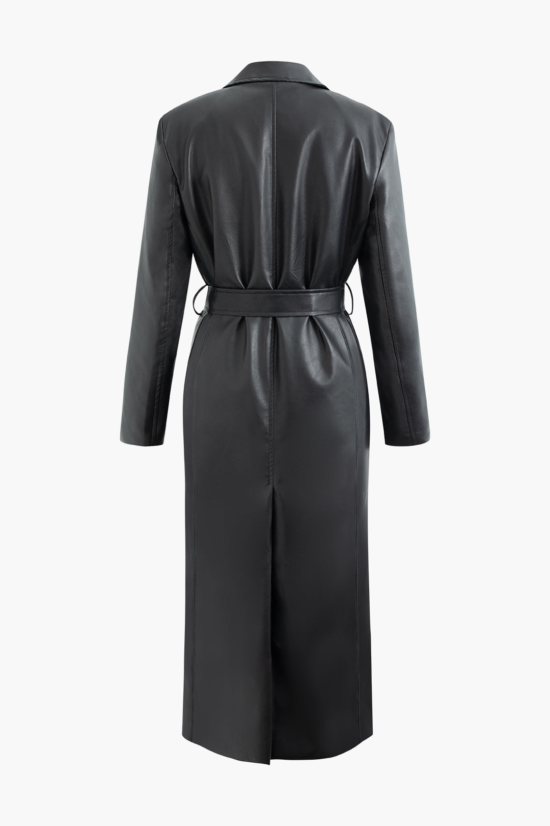 Faux Leather Notched Lapel Belted Trench Coat Dreamardi