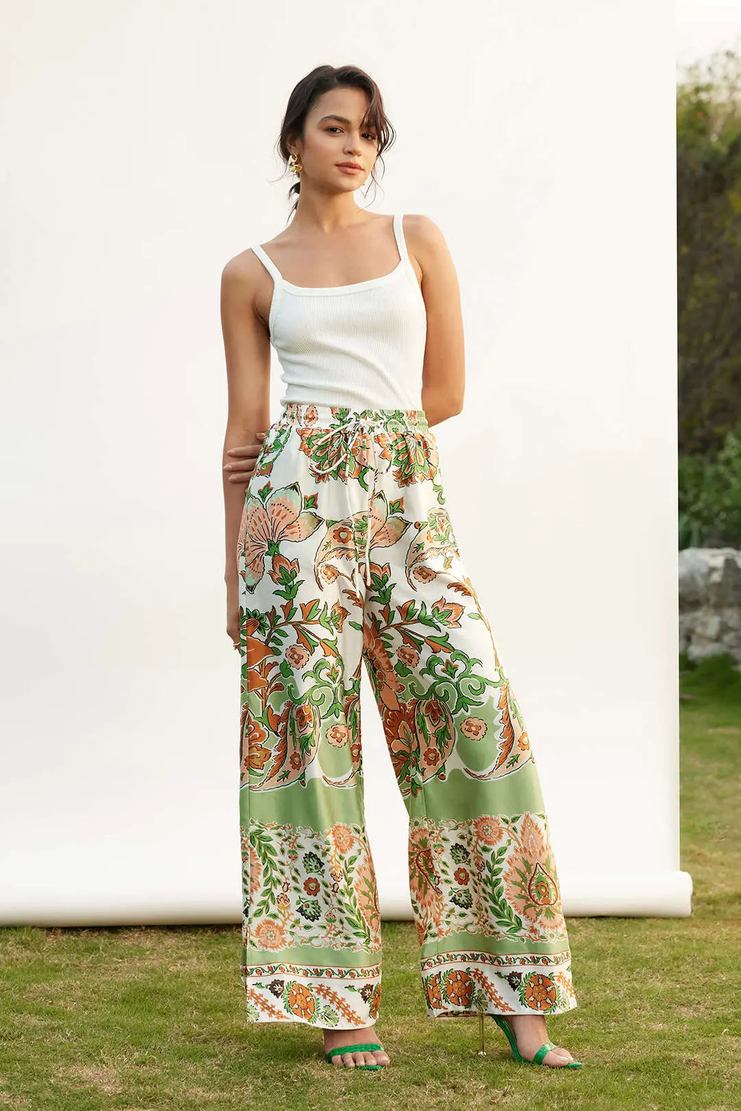 Floral Print Drawstring Slit Wide Leg Pants Dreamardi