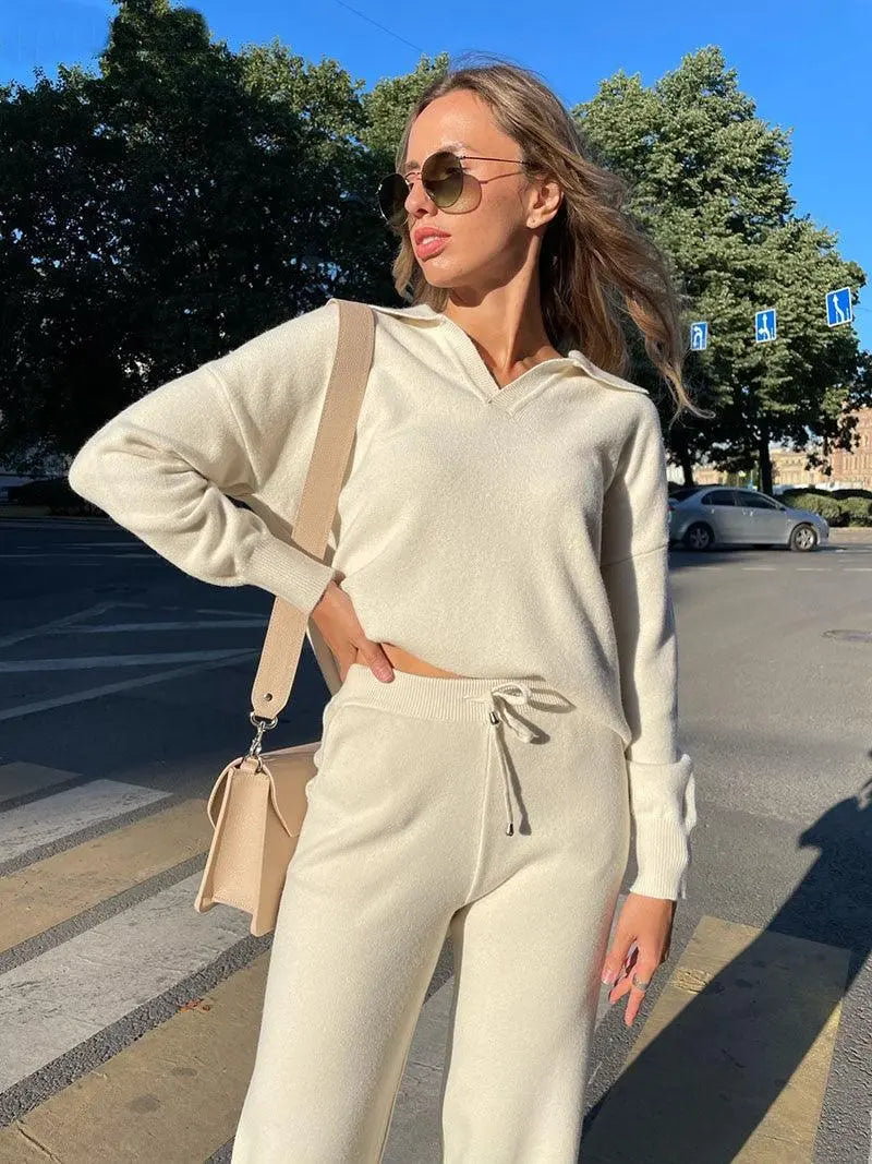 Alyssa- Trendy Polo Neck Sweater Women's Tracksuit Set Dreamardi