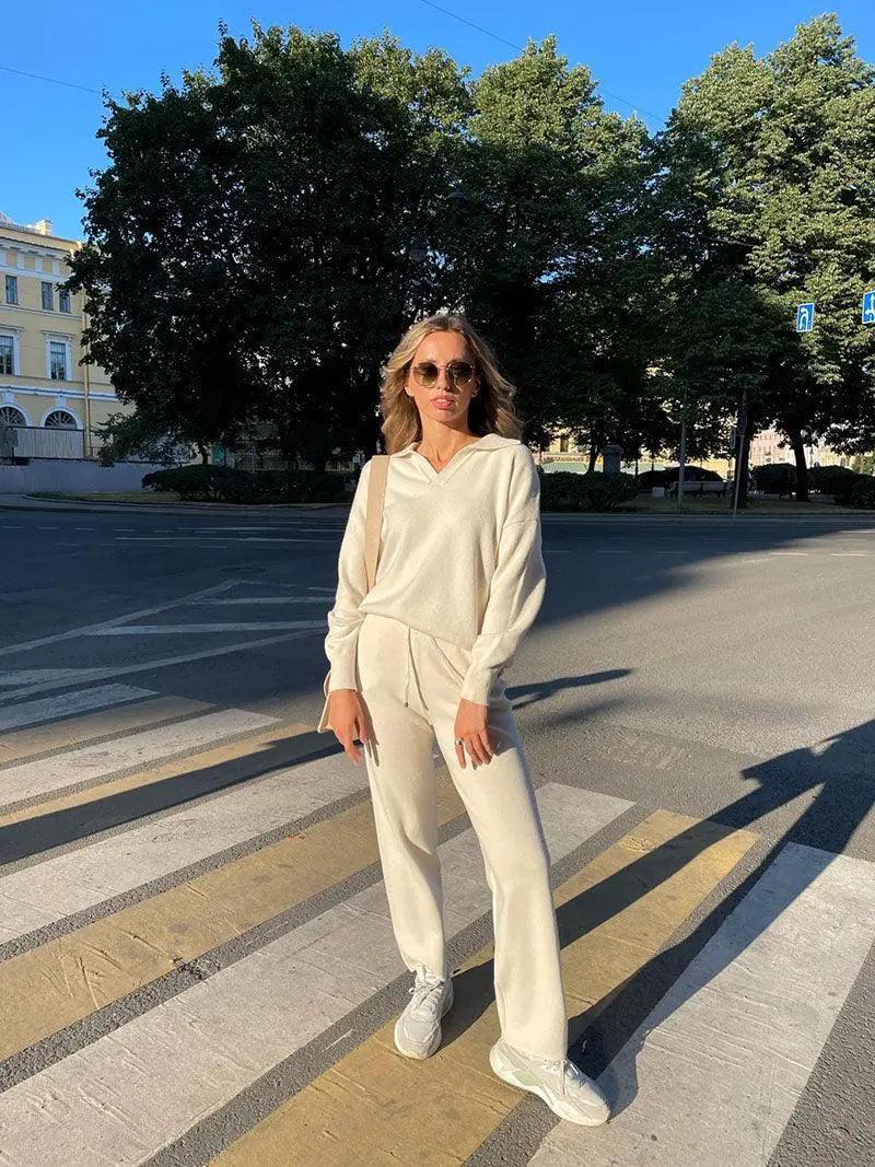 Alyssa- Trendy Polo Neck Sweater Women's Tracksuit Set Dreamardi