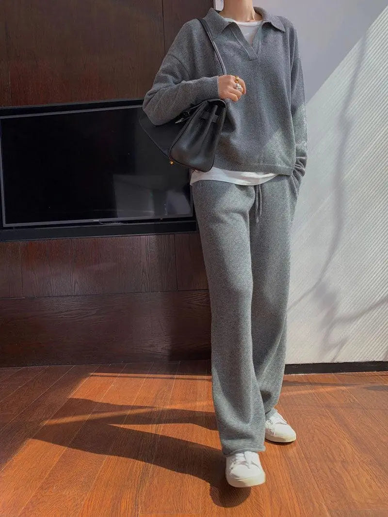 Alyssa- Trendy Polo Neck Sweater Women's Tracksuit Set Dreamardi