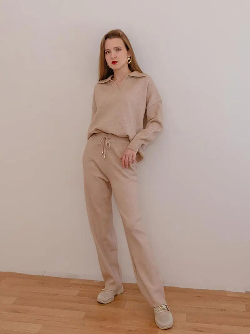 Alyssa- Trendy Polo Neck Sweater Women's Tracksuit Set Dreamardi