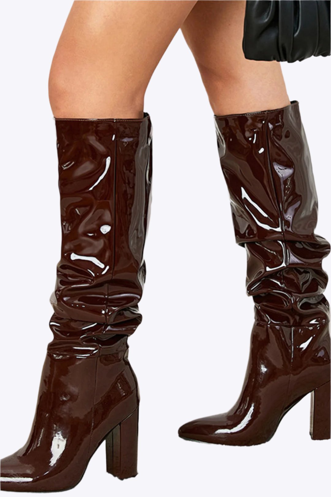 Faux Leather Ruched Pointed Toe Mid Calf Boots Dreamardi