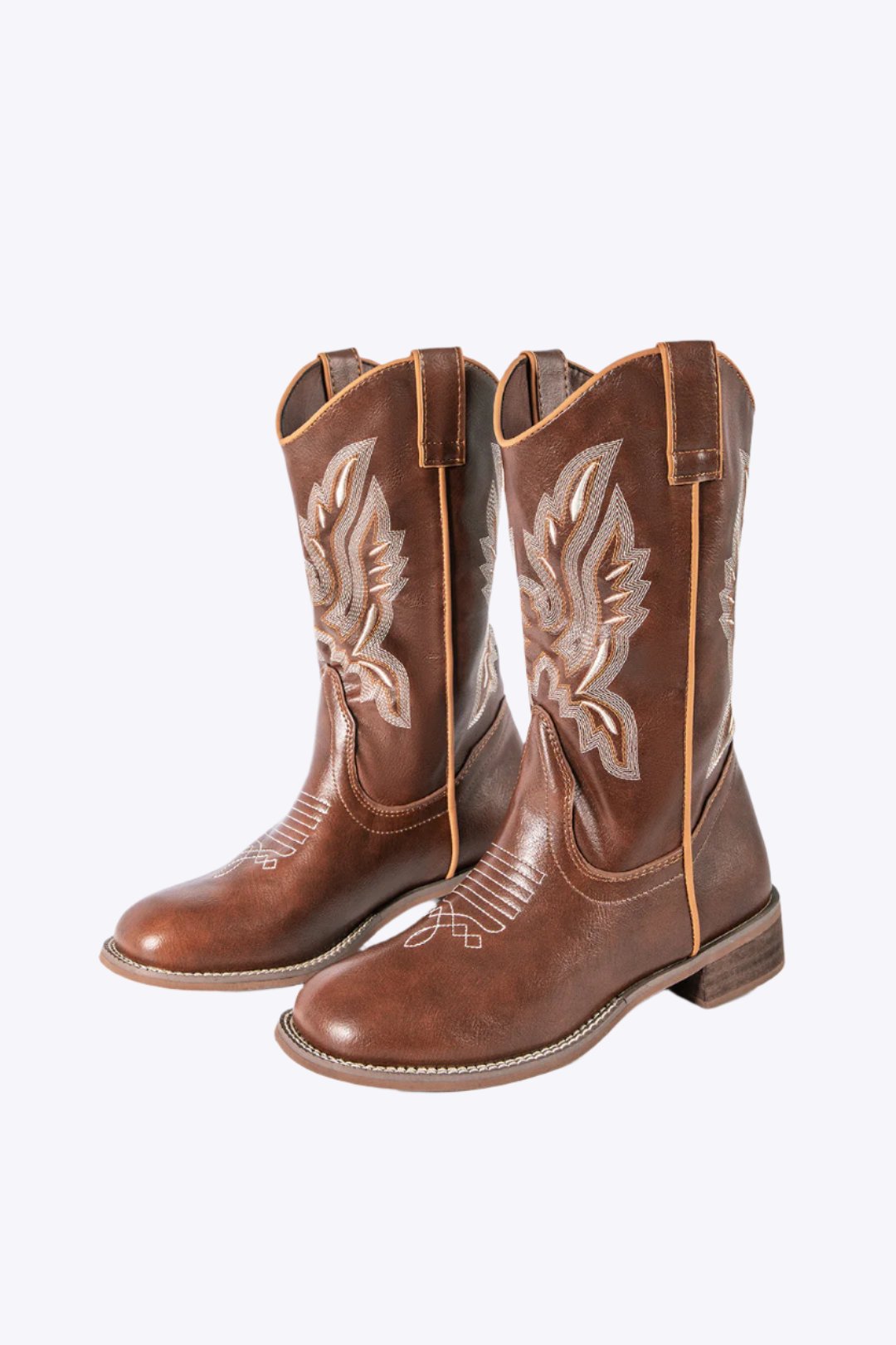 Retro Embroidered Faux Leather Chunky Heel Mid Calf Boots Dreamardi