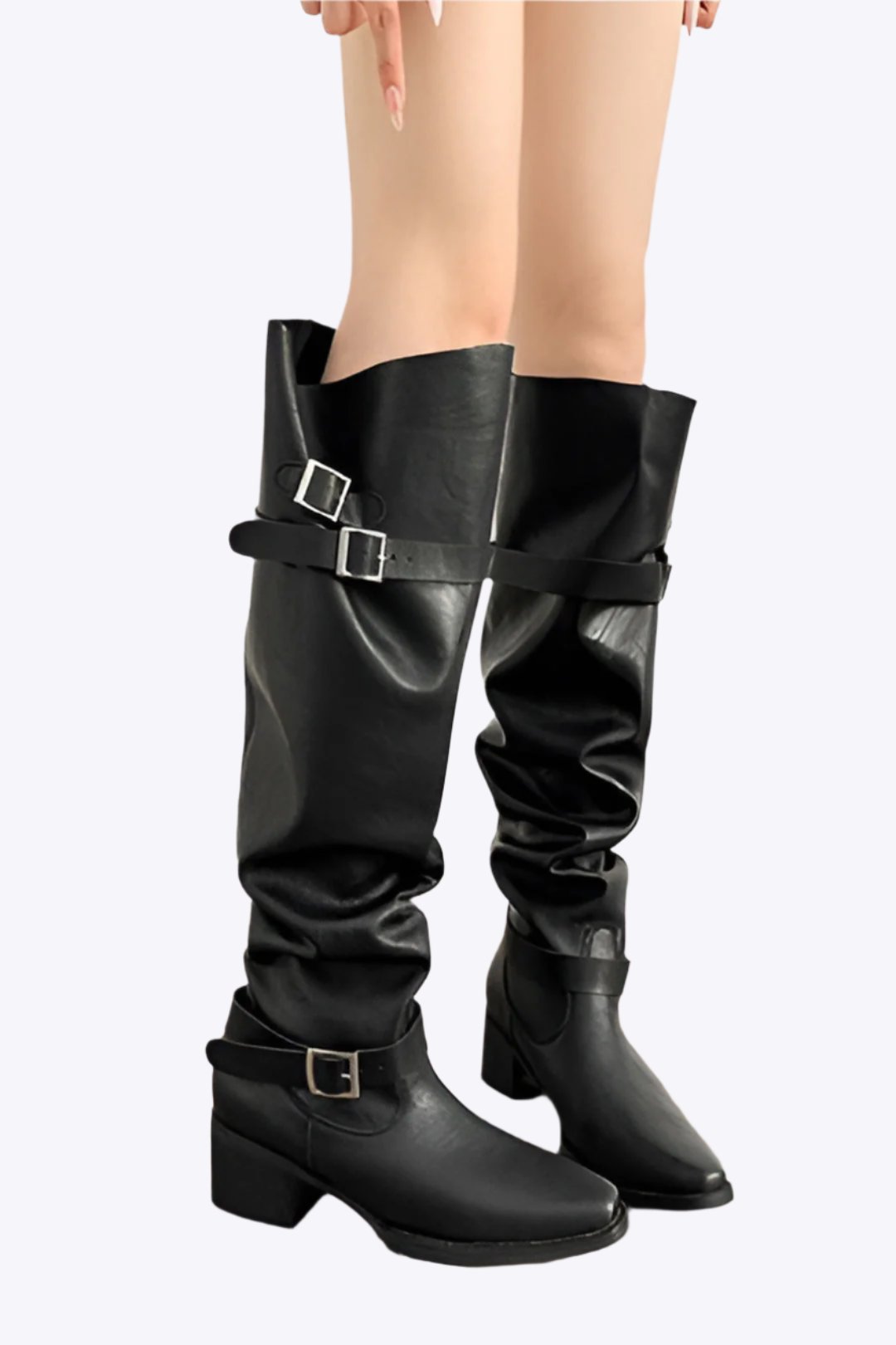 Faux Leather Peep Toe Over The Knee Boots Dreamardi