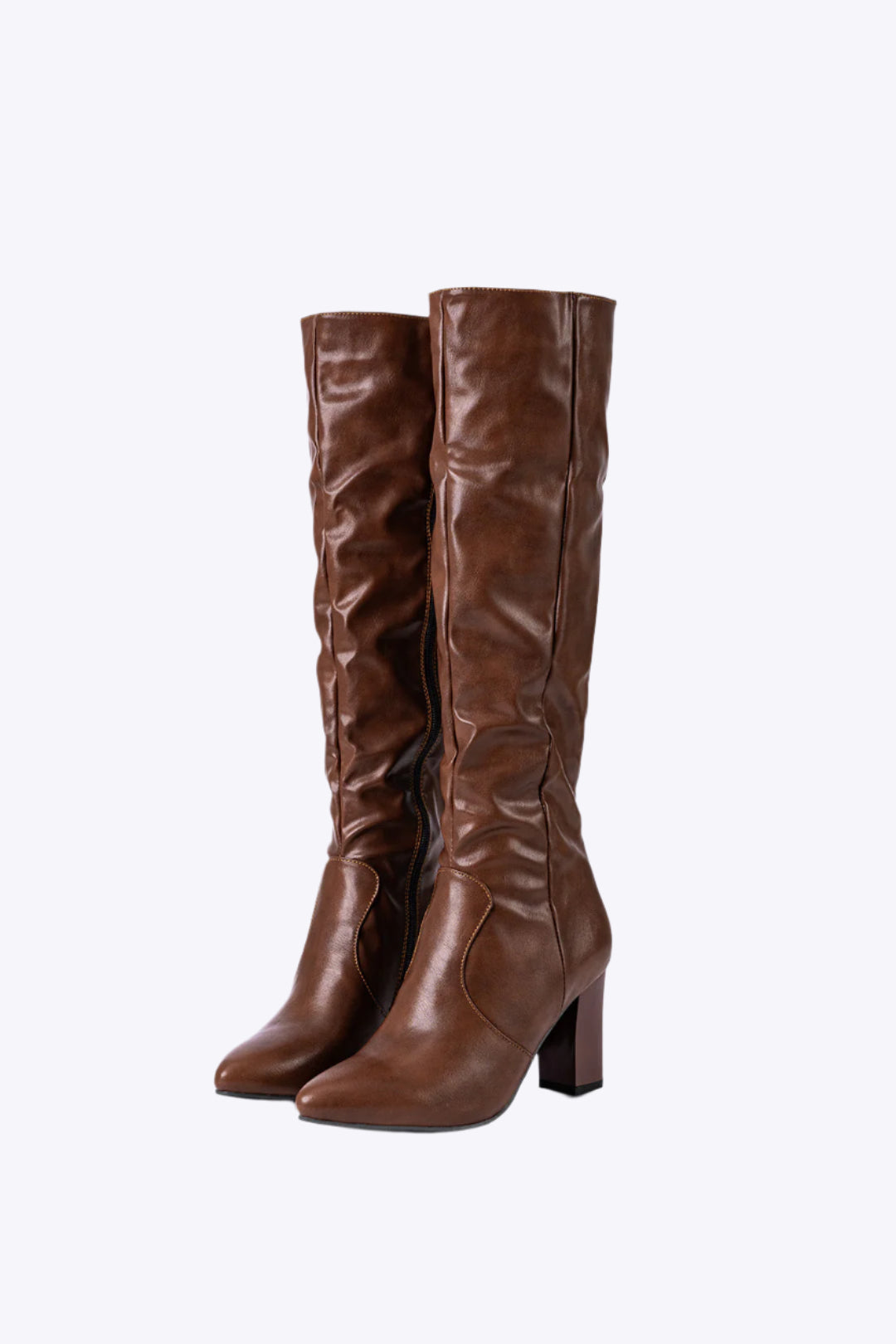 Faux Leather Side Zipper Pointed Knee High Boots Dreamardi
